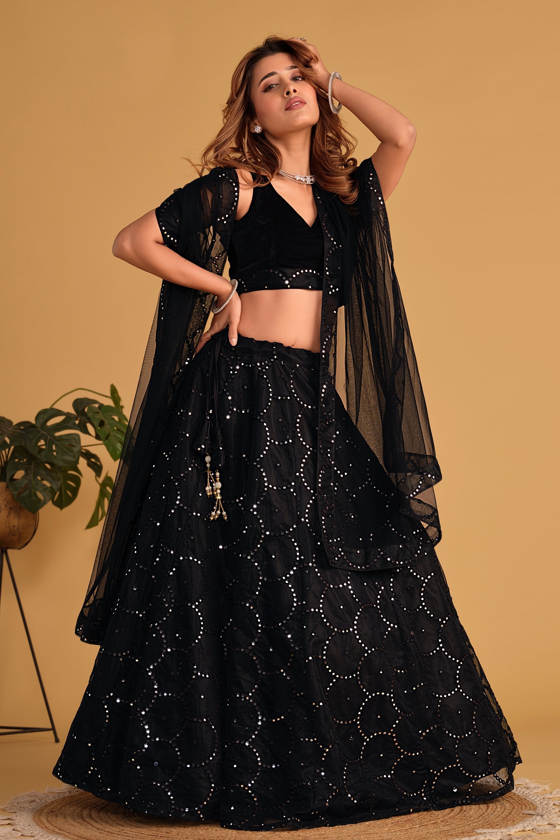 Women's Black Georgette Sequins Thread Embroidered Lehenga