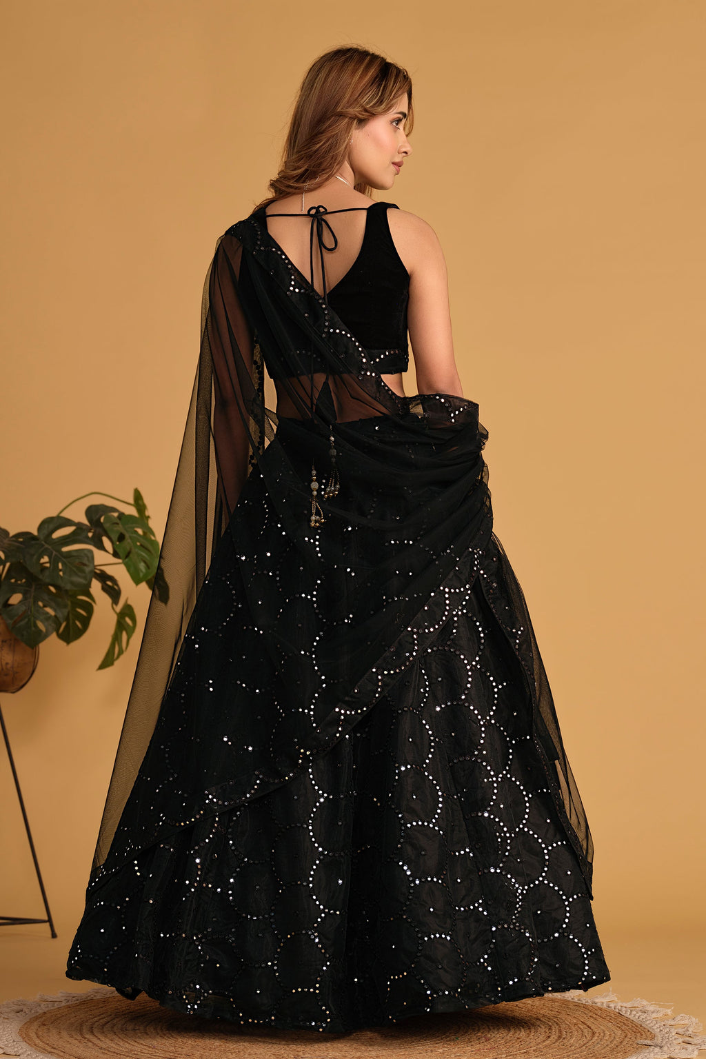 Women's Black Georgette Sequins Thread Embroidered Lehenga