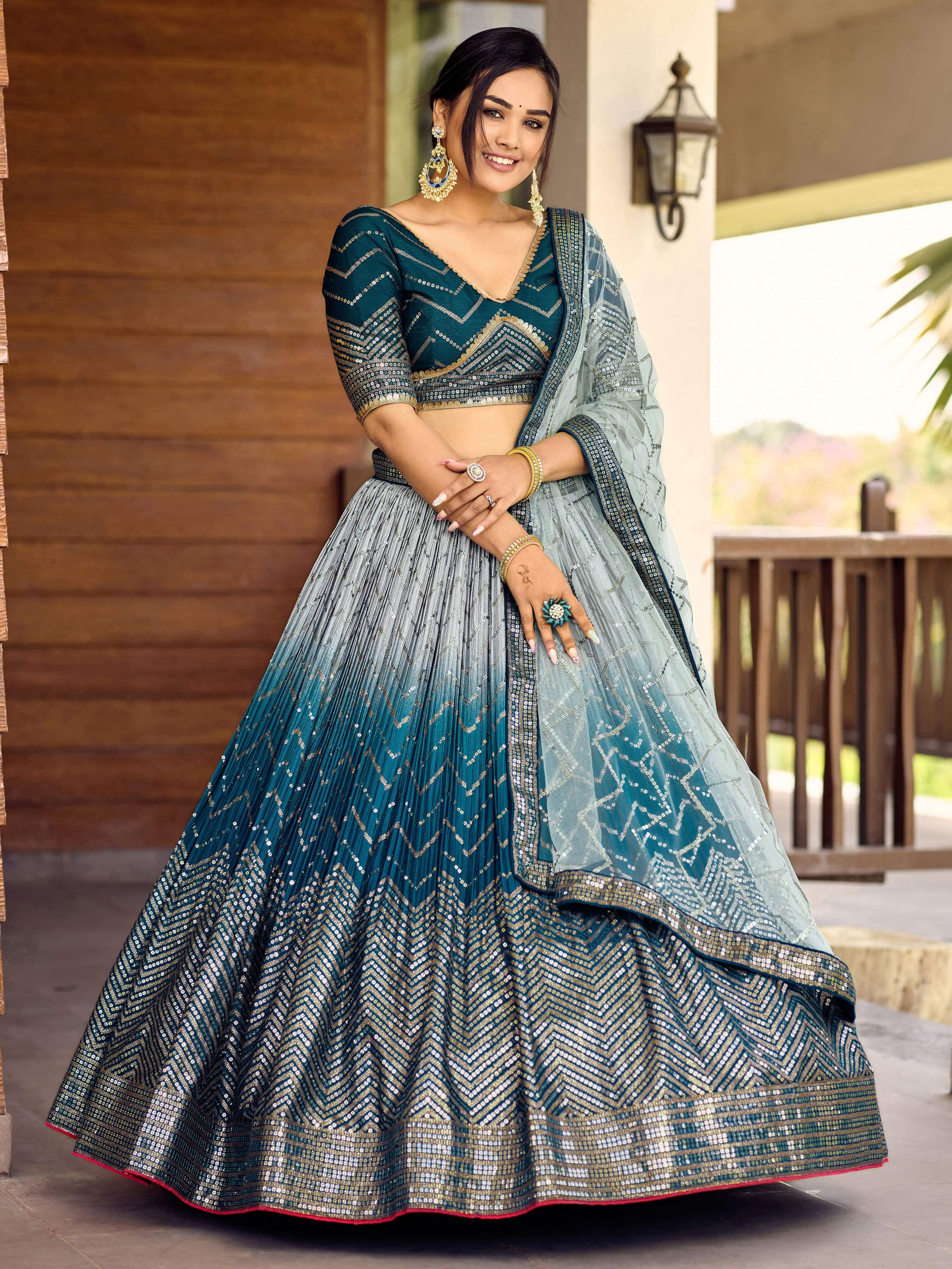 Blue Chinon Sequins Thread Embroidered Lehenga Choli & Dupatta Set