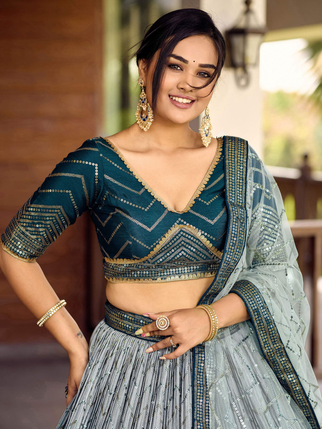 Blue Chinon Sequins Thread Embroidered Lehenga Choli & Dupatta Set