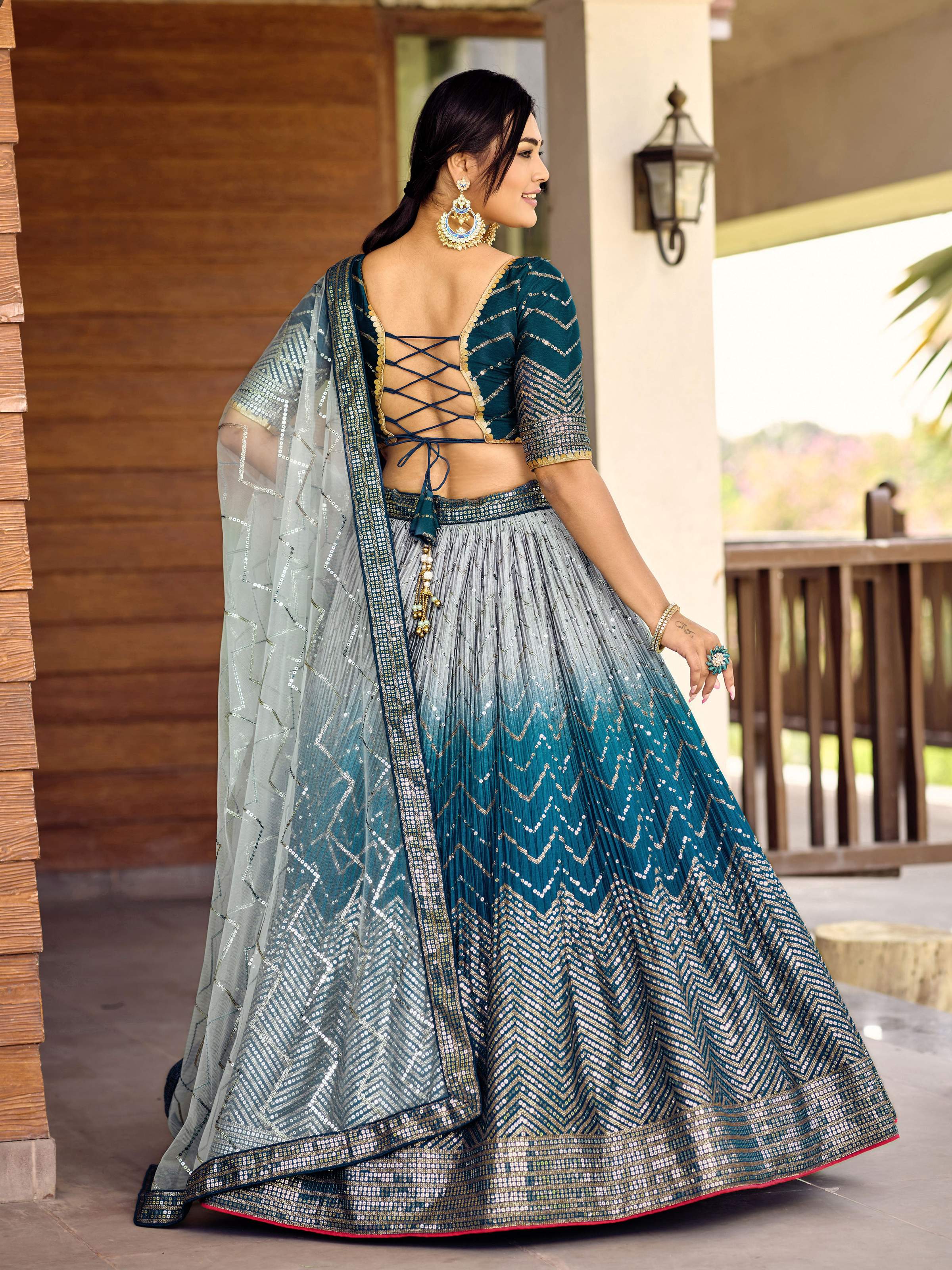 Blue Chinon Sequins Thread Embroidered Lehenga Choli & Dupatta Set