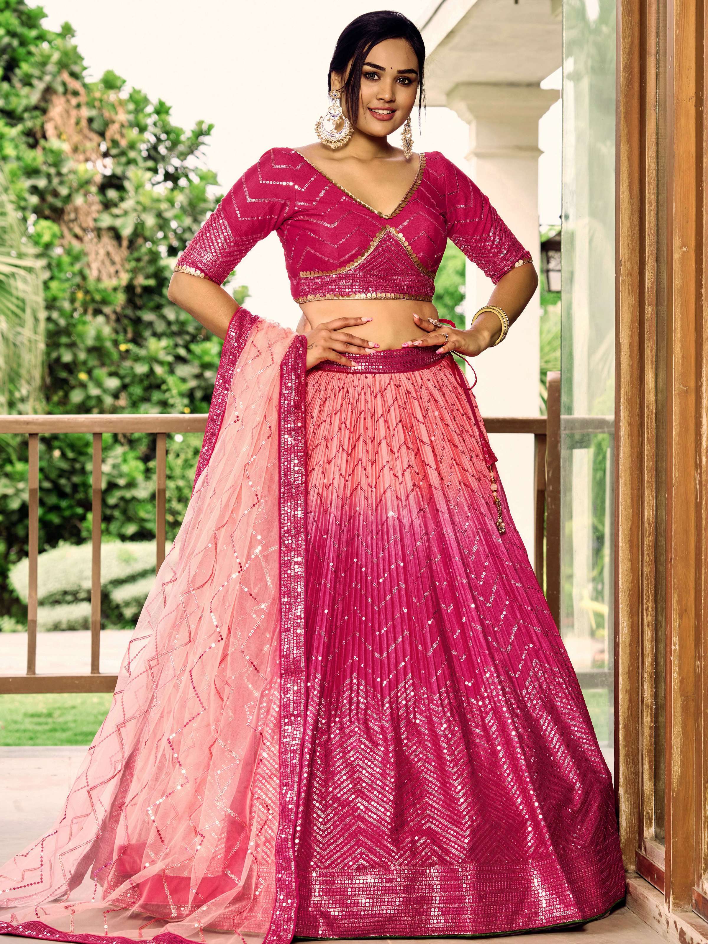 Women's Pink Chinon Lehenga Choli with Sequins Thread Embroidery