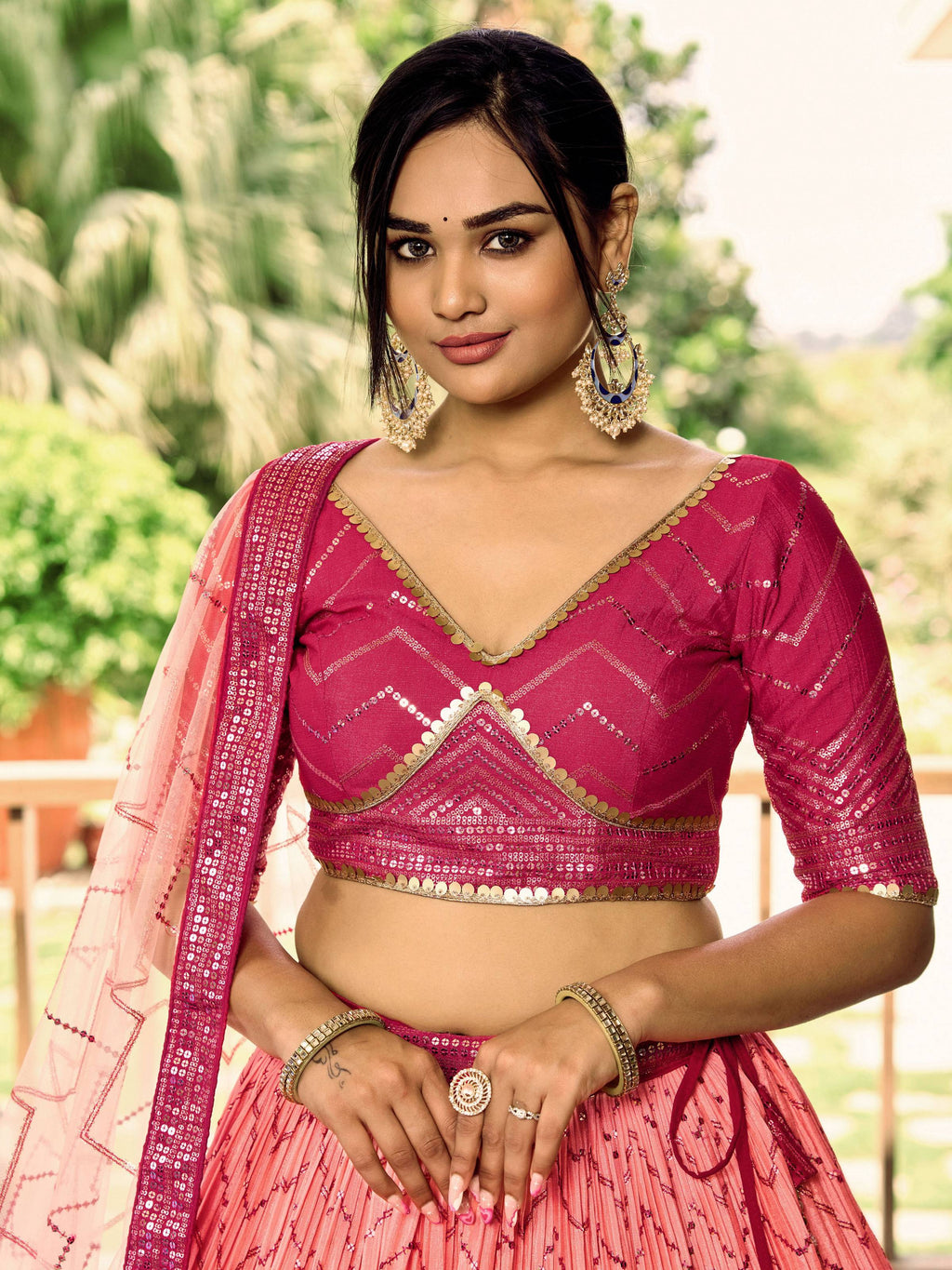 Women's Pink Chinon Lehenga Choli with Sequins Thread Embroidery
