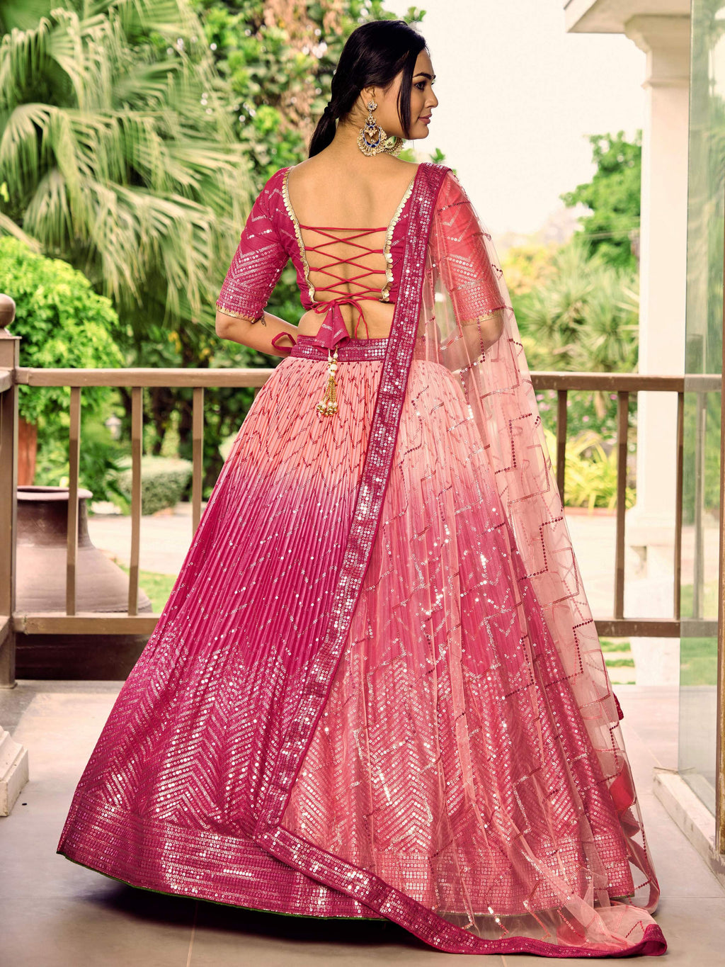 Women's Pink Chinon Lehenga Choli with Sequins Thread Embroidery