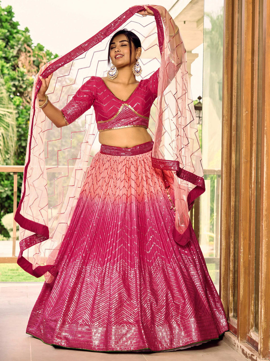 Pink Chinon lehenga choli with sequins and thread embroidery