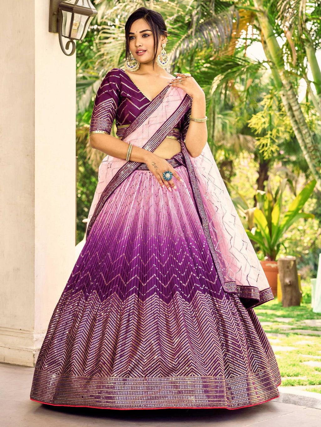 Women's Purple Chinon Lehenga Choli with Sequins Thread Embroidery