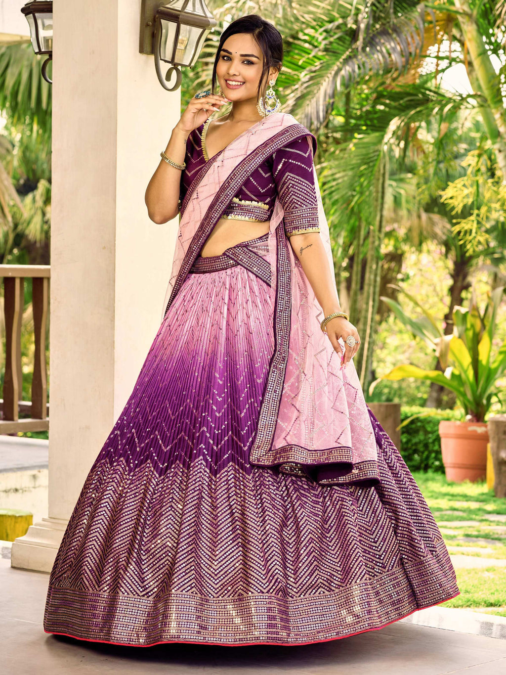 Women's Purple Chinon Lehenga Choli with Sequins Thread Embroidery