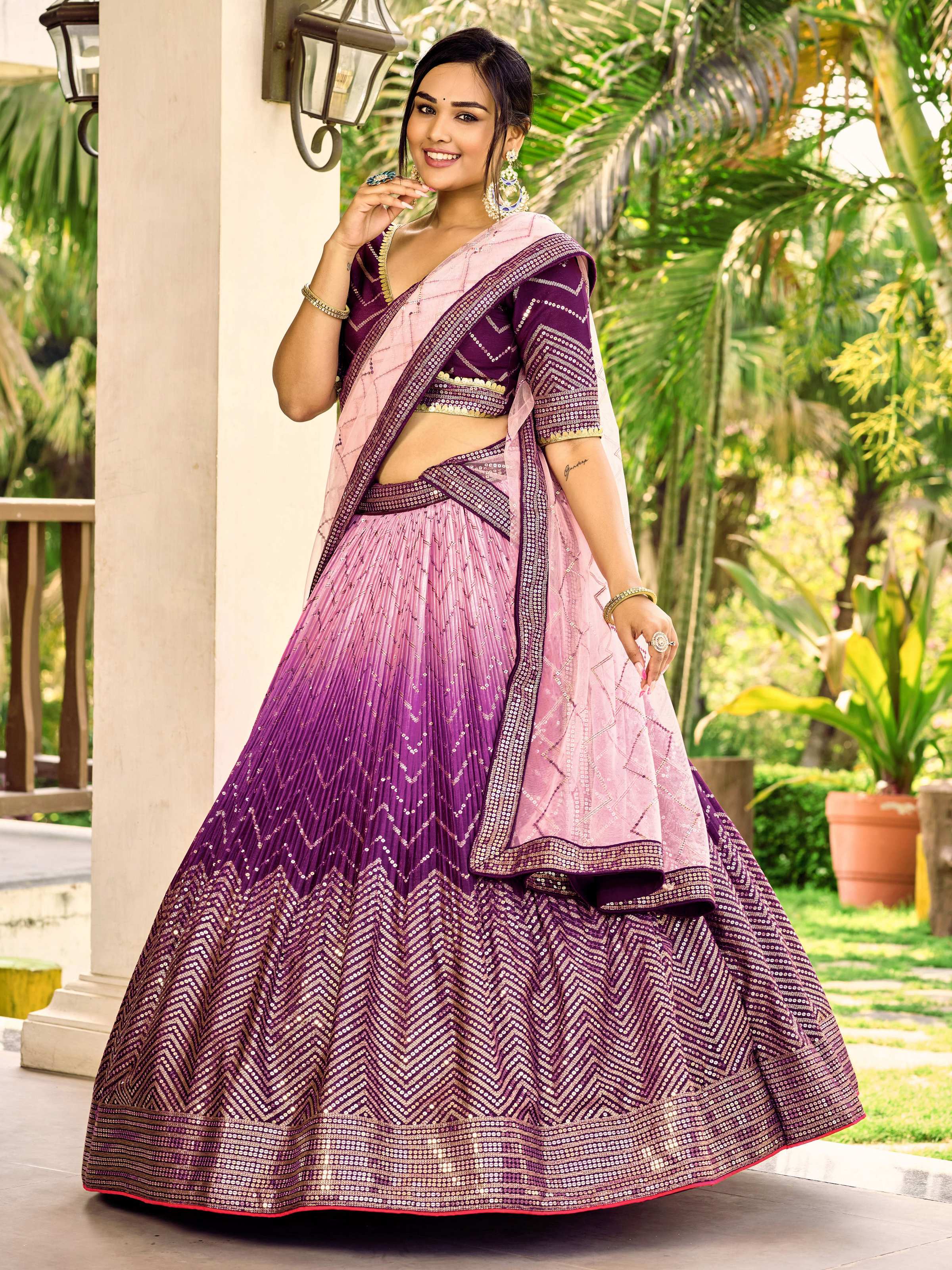 Women's Purple Chinon Lehenga Choli with Sequins Thread Embroidery