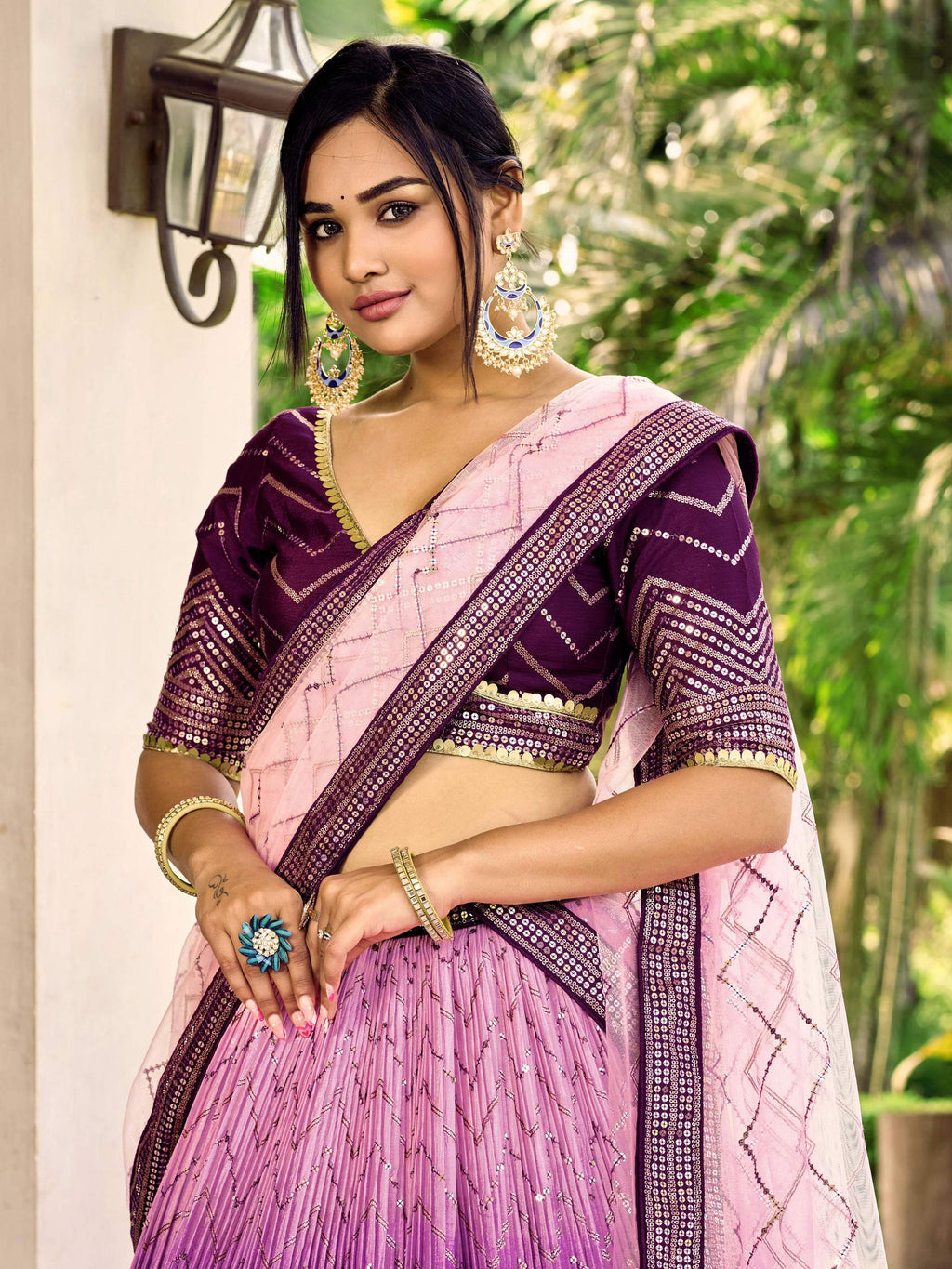 Women's Purple Chinon Lehenga Choli with Sequins Thread Embroidery