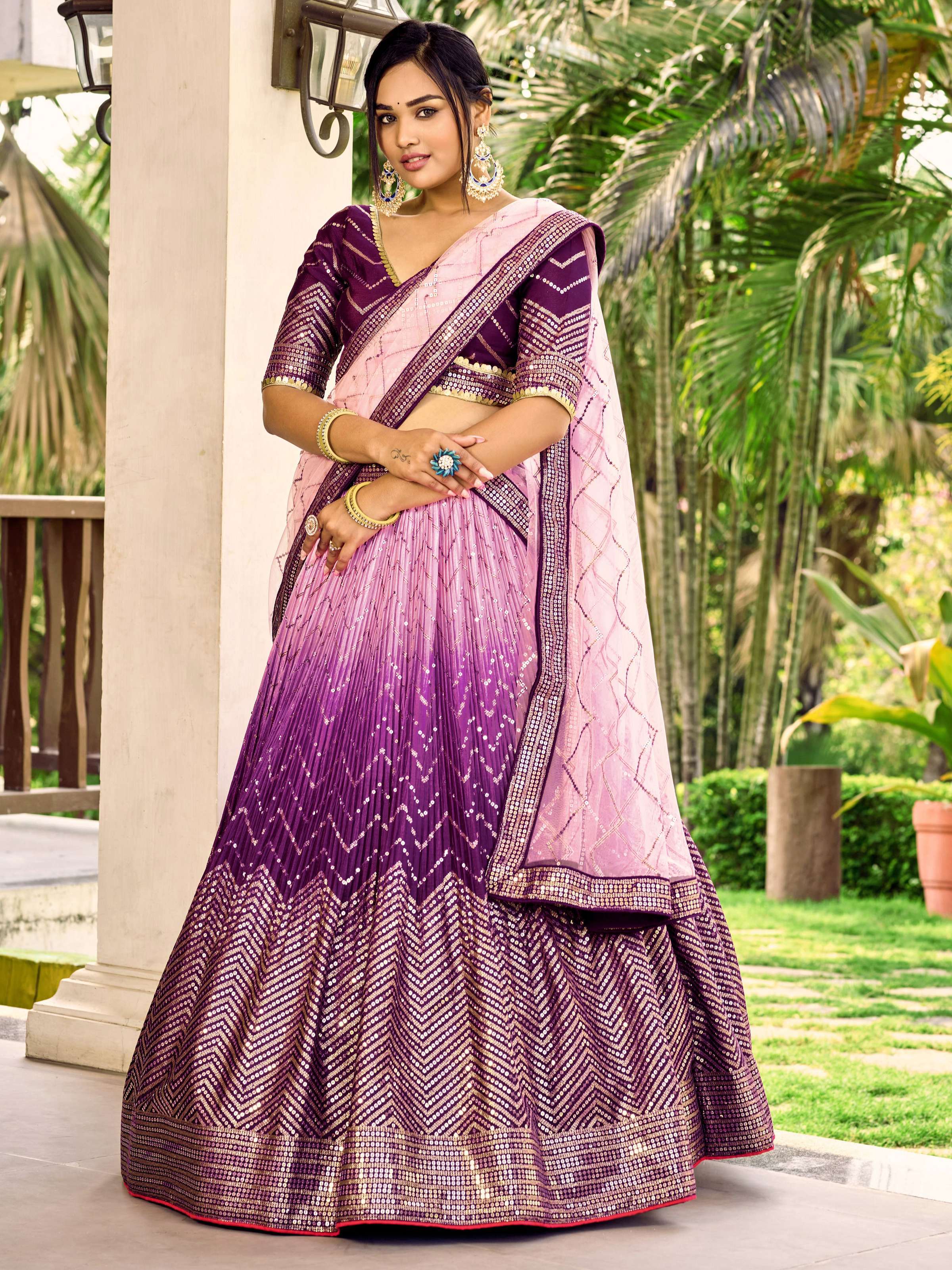 Purple Chinon lehenga choli with sequins and thread embroidery