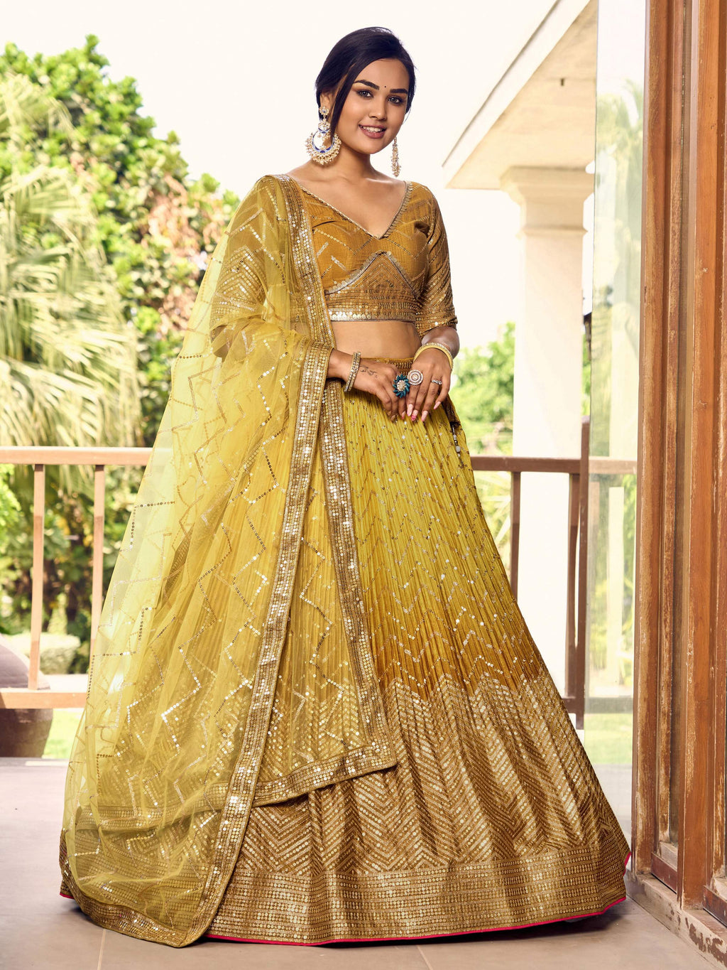 Women's Yellow Chinon Sequins Thread Embroidered Lehenga Set