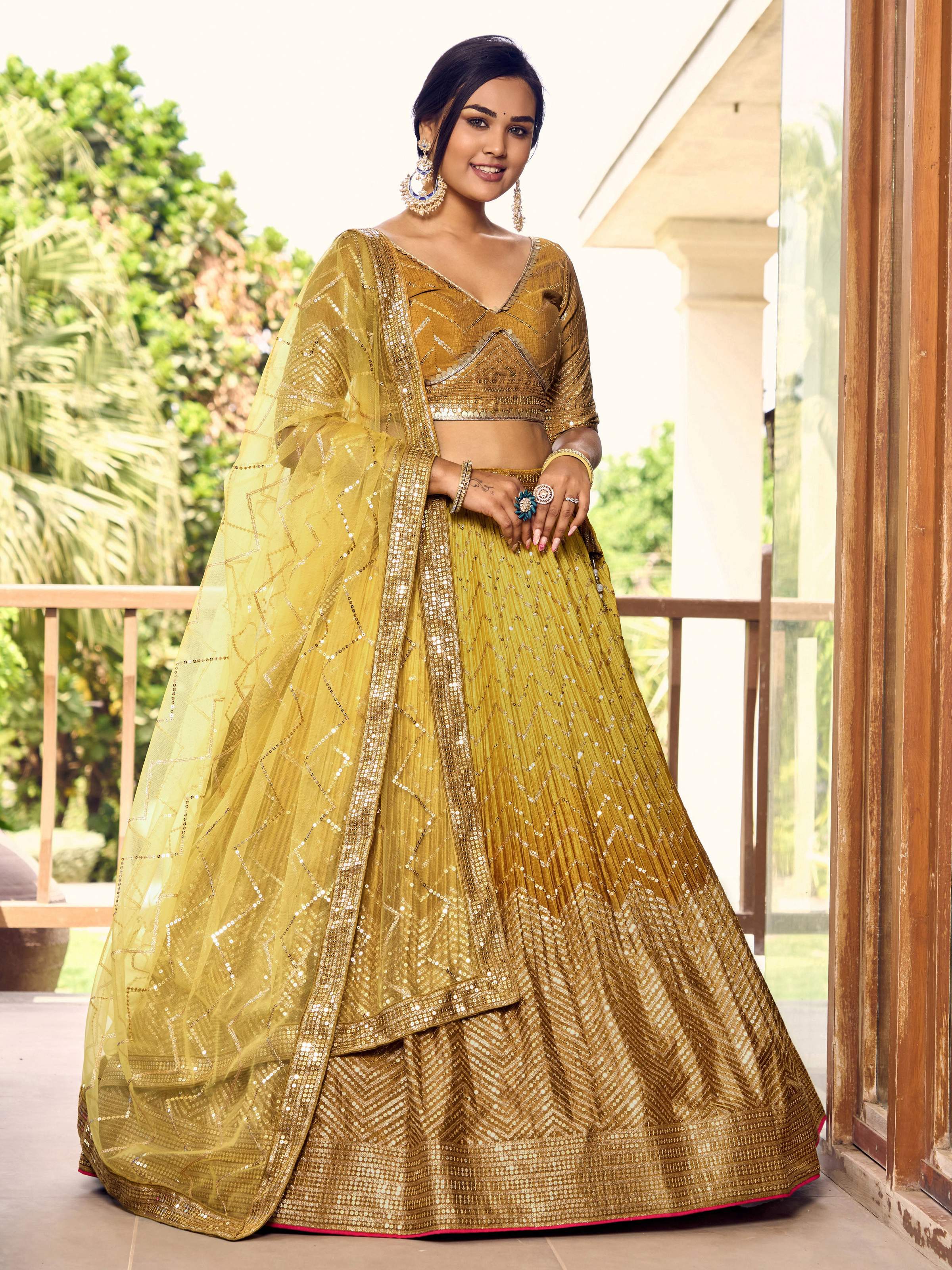Women's Yellow Chinon Sequins Thread Embroidered Lehenga Set