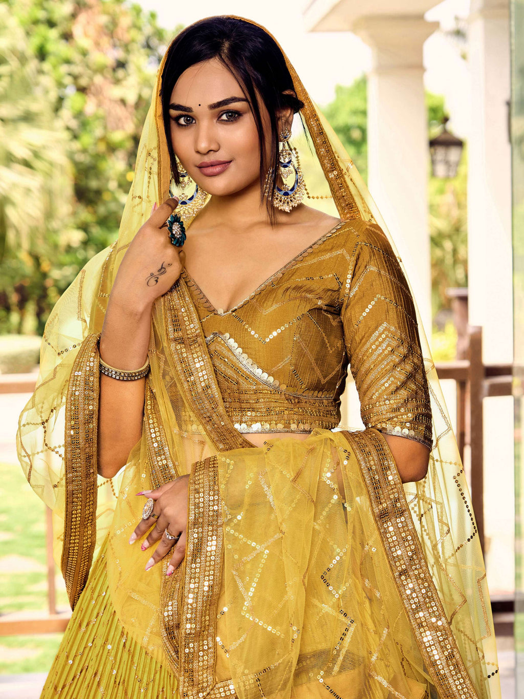 Women's Yellow Chinon Sequins Thread Embroidered Lehenga Set