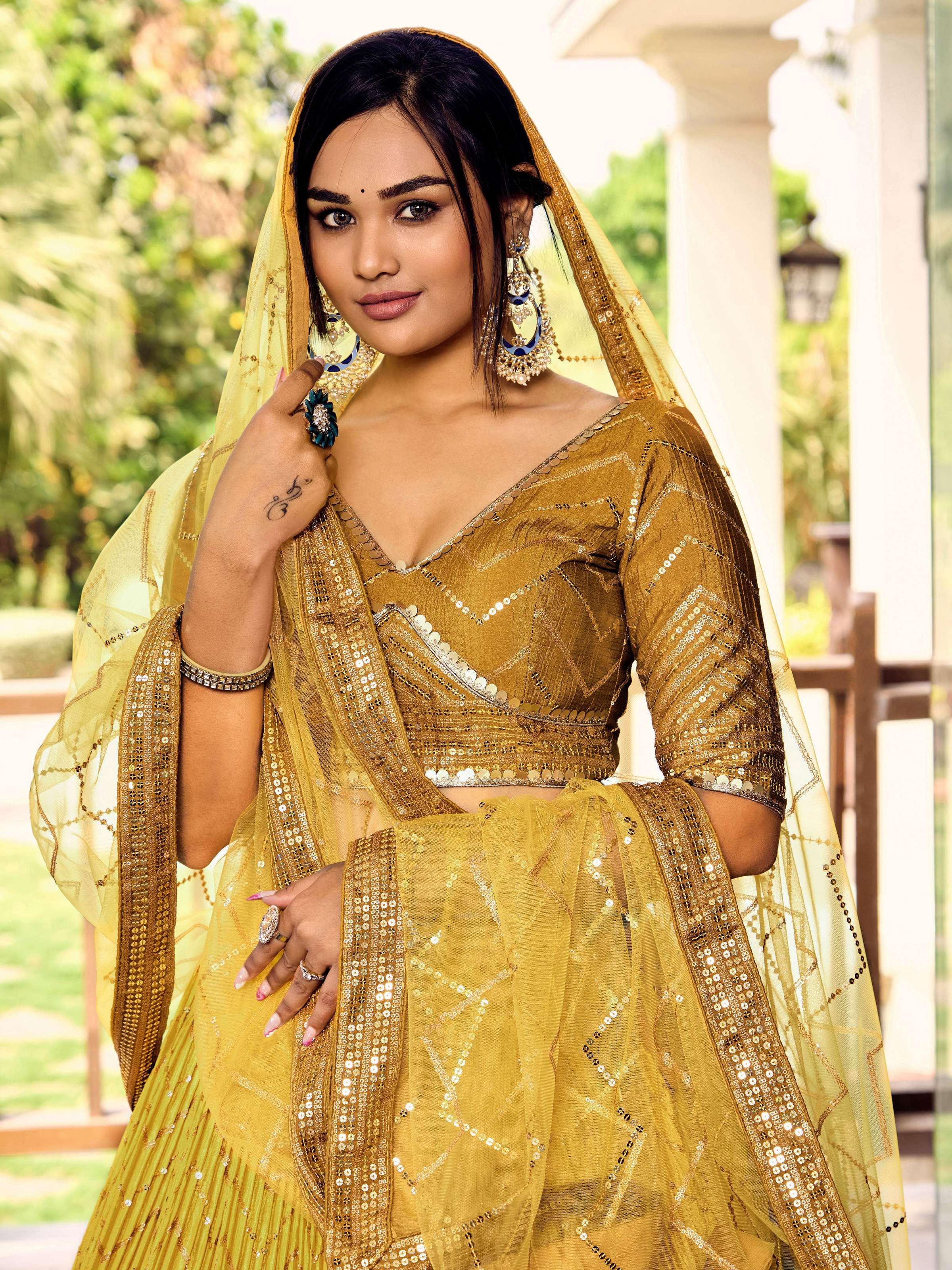Women's Yellow Chinon Sequins Thread Embroidered Lehenga Set
