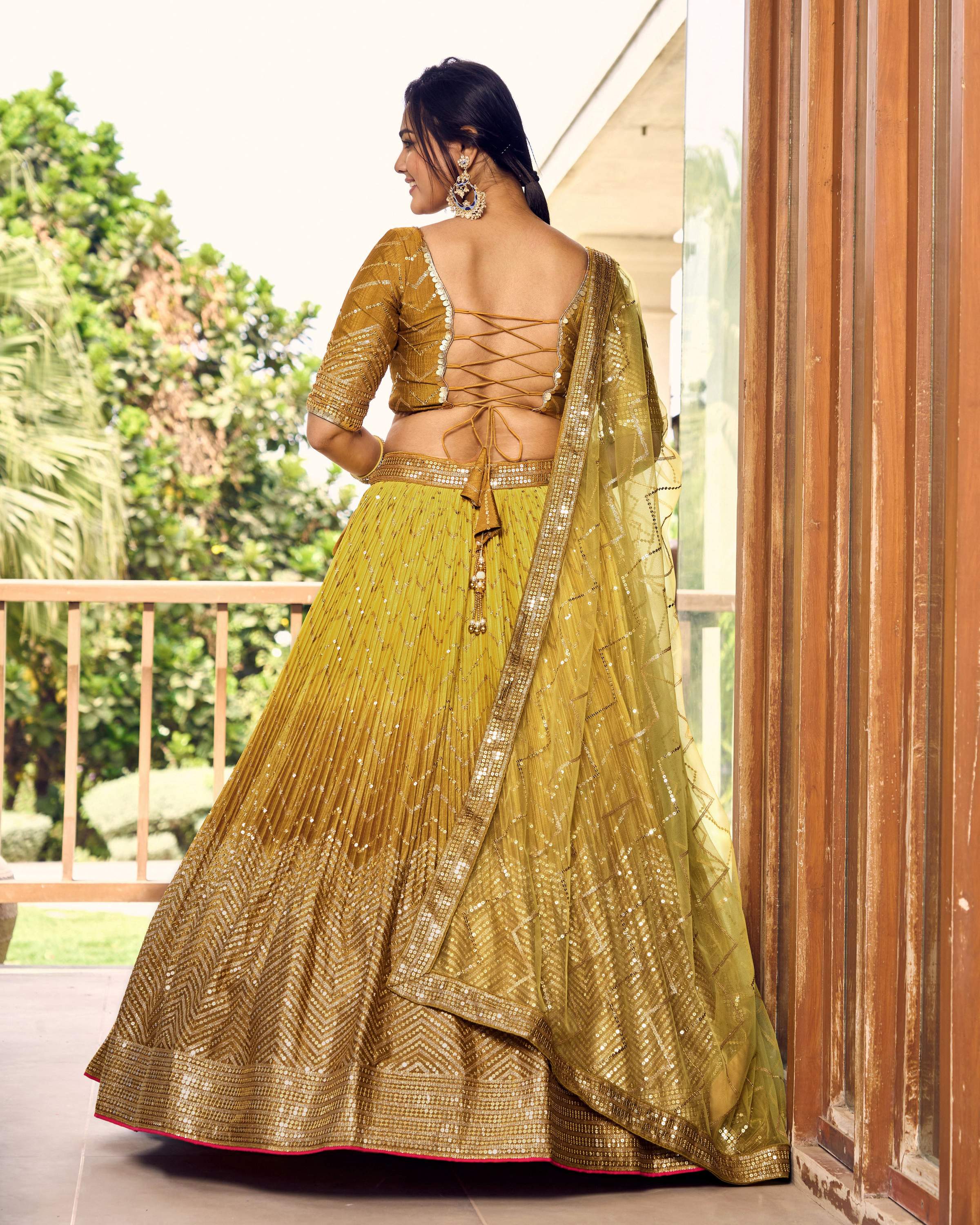 Women's Yellow Chinon Sequins Thread Embroidered Lehenga Set
