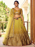 Bright yellow chinon lehenga choli set with delicate sequins and thread embroidery
