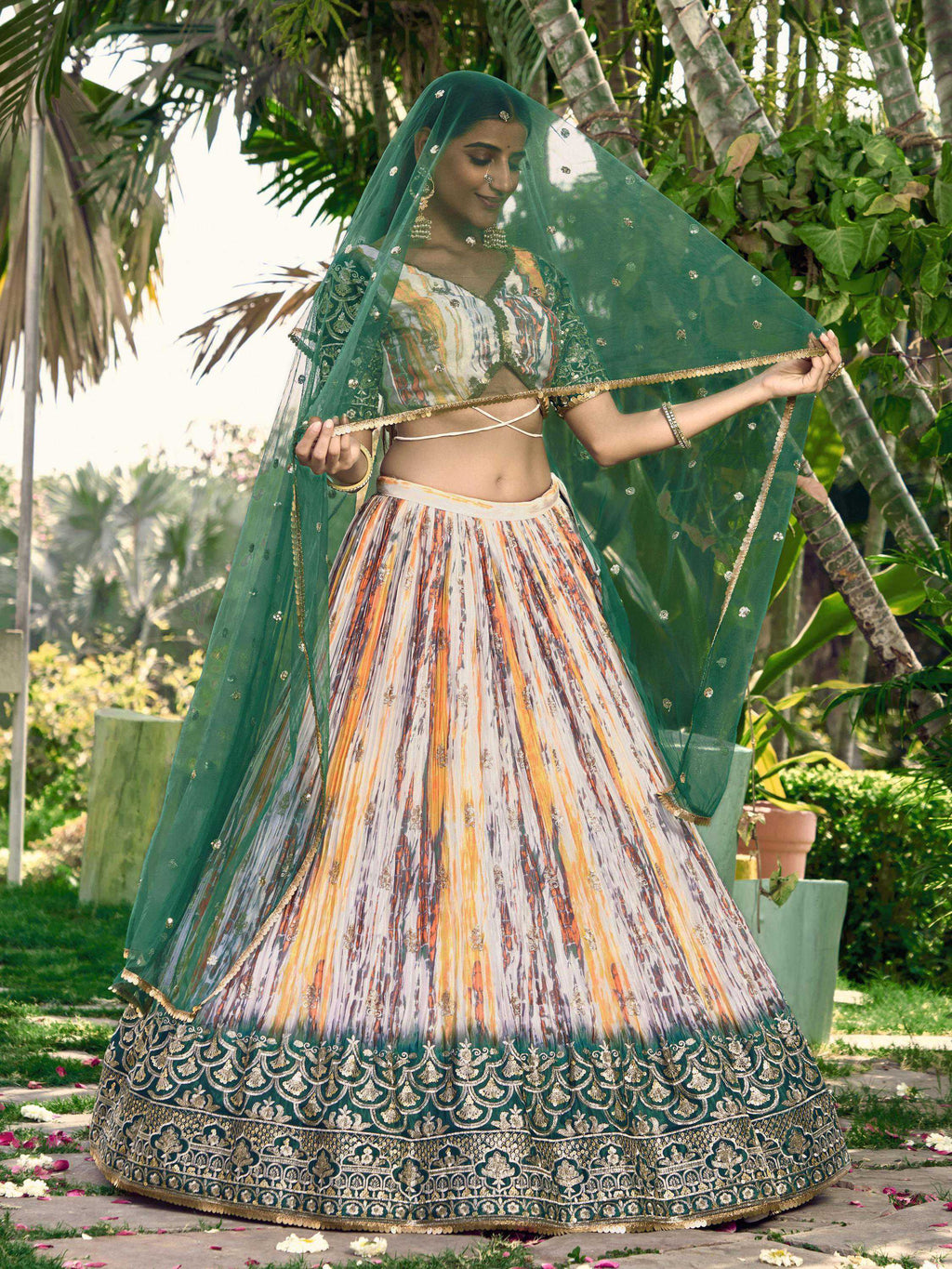 Green Chinon Digital Print Sequins Zari Embroidered Lehenga Set