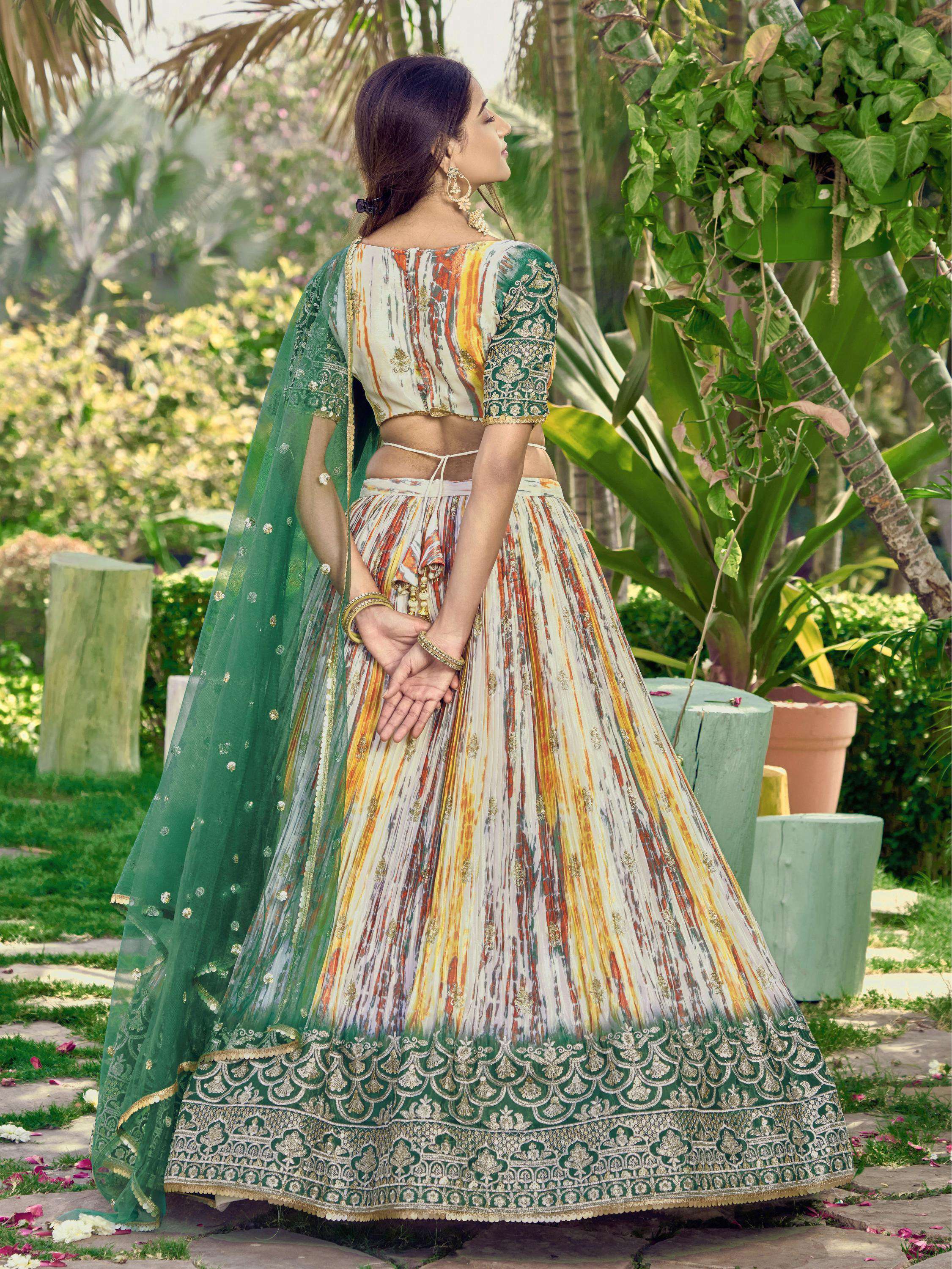 Green Chinon Digital Print Sequins Zari Embroidered Lehenga Set