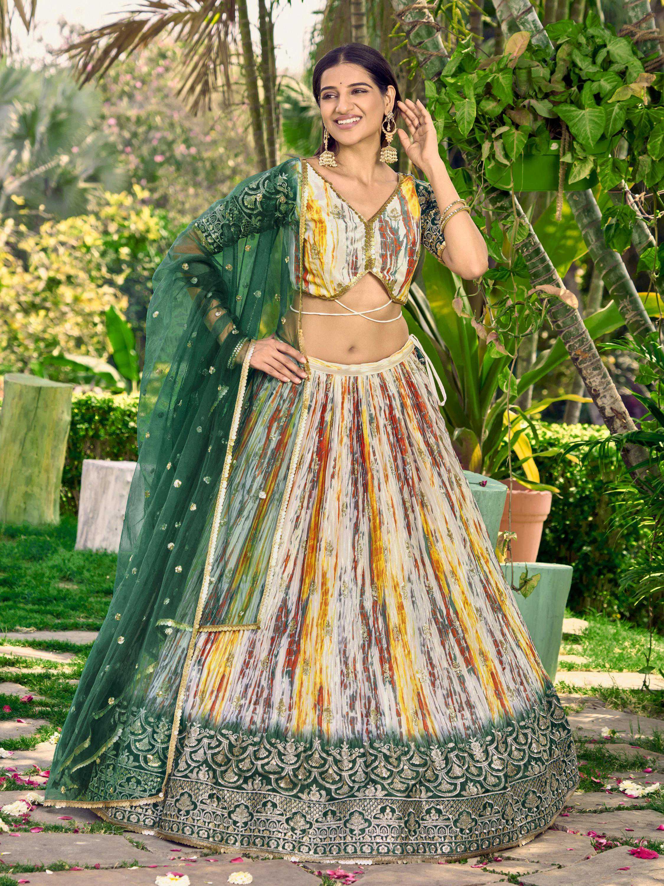 Green Chinon digital print lehenga with sequins and zari embroidery