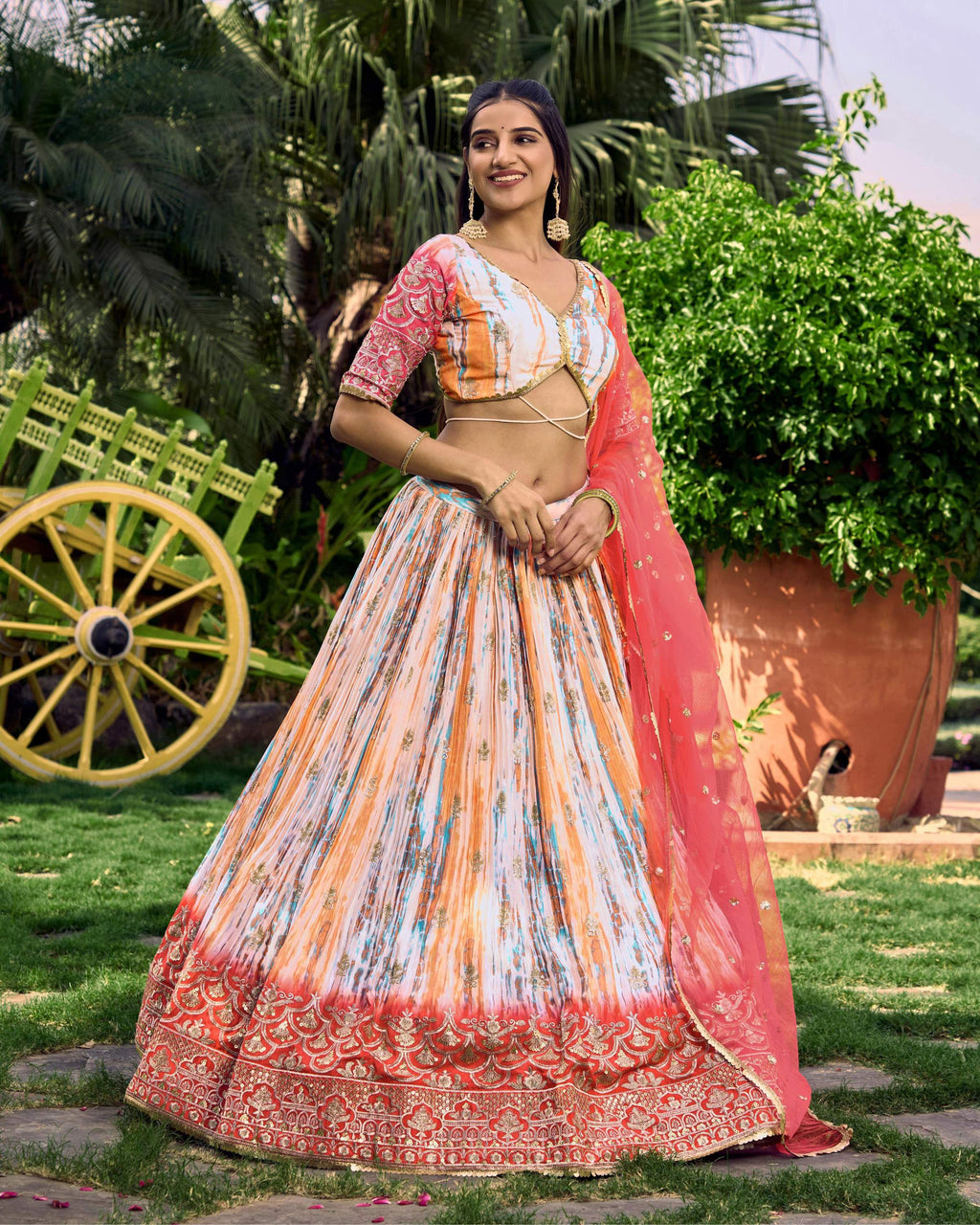 Women's Pink Chinon Digital Print Lehenga Choli with Zari Embroidery