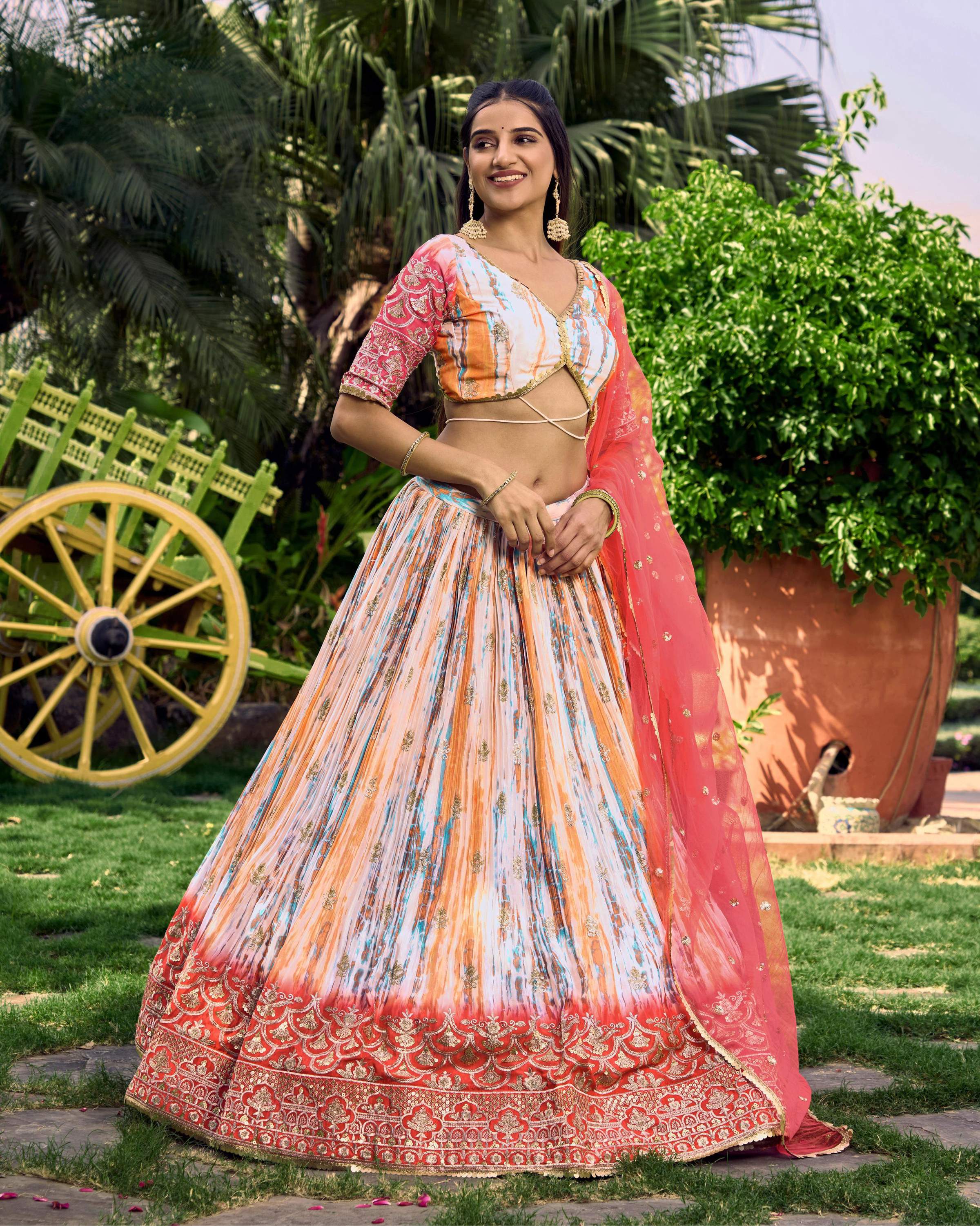 Women's Pink Chinon Digital Print Lehenga Choli with Zari Embroidery