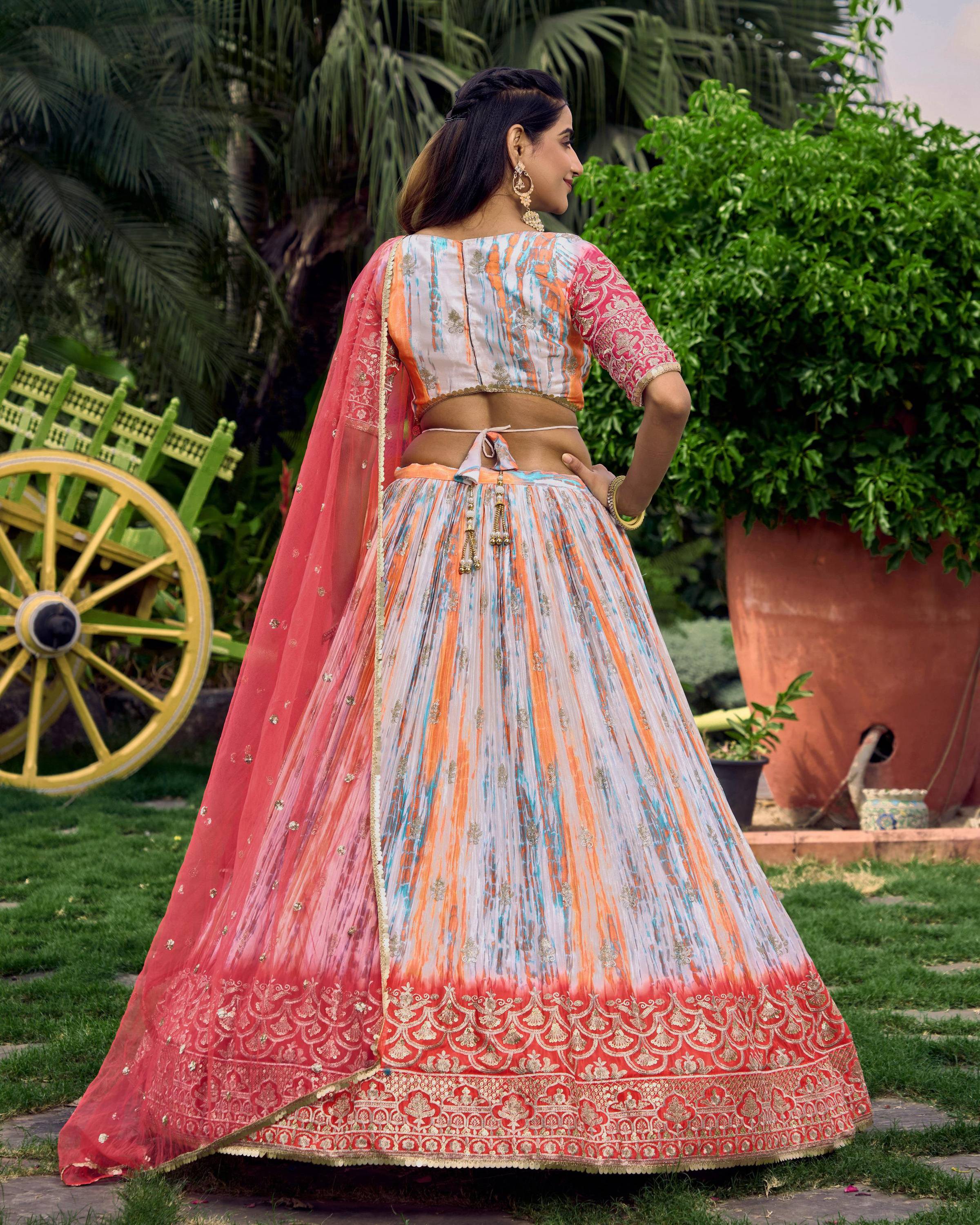 Women's Pink Chinon Digital Print Lehenga Choli with Zari Embroidery