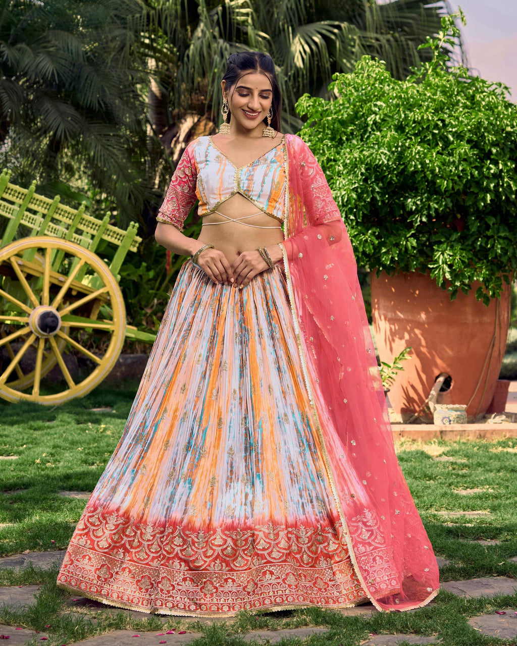 Pink Chinon lehenga choli with digital print and zari sequins embroidery