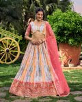 Pink Chinon lehenga choli with digital print and zari sequins embroidery