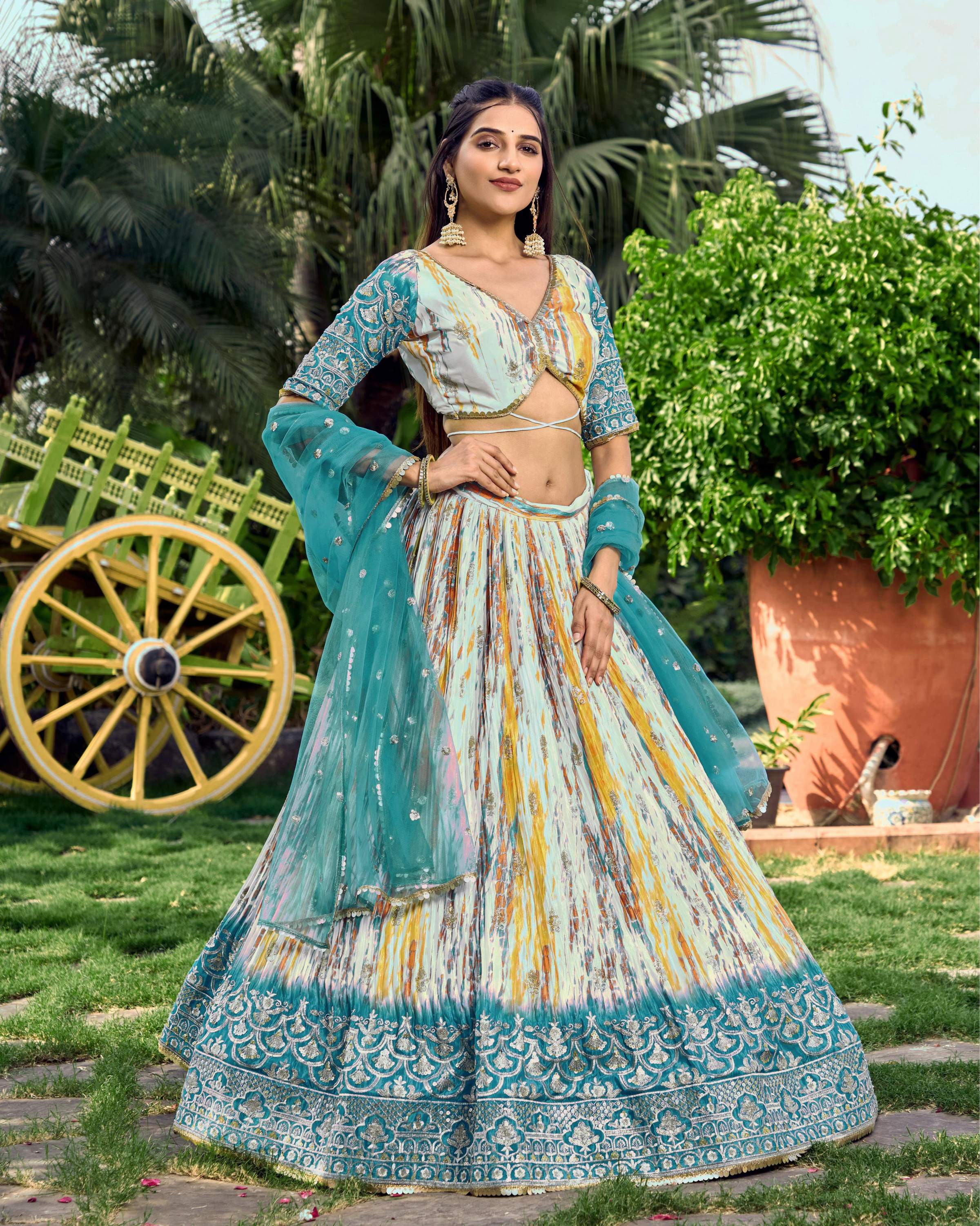 Rama Chinon Digital Print Lehenga Choli with Sequins Zari Embroidery