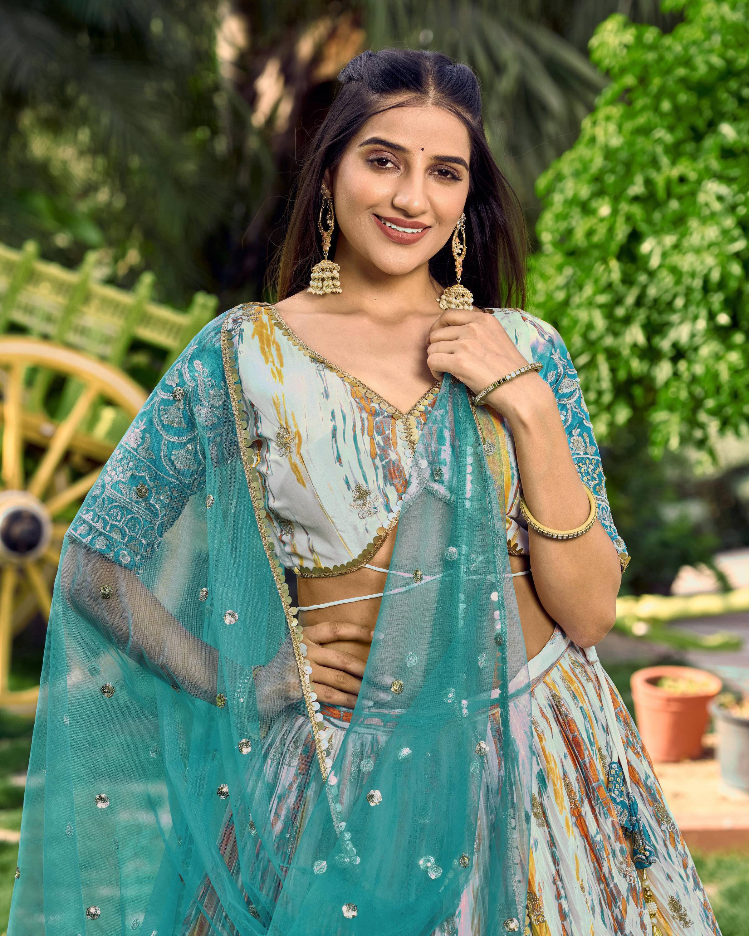 Rama Chinon Digital Print Lehenga Choli with Sequins Zari Embroidery