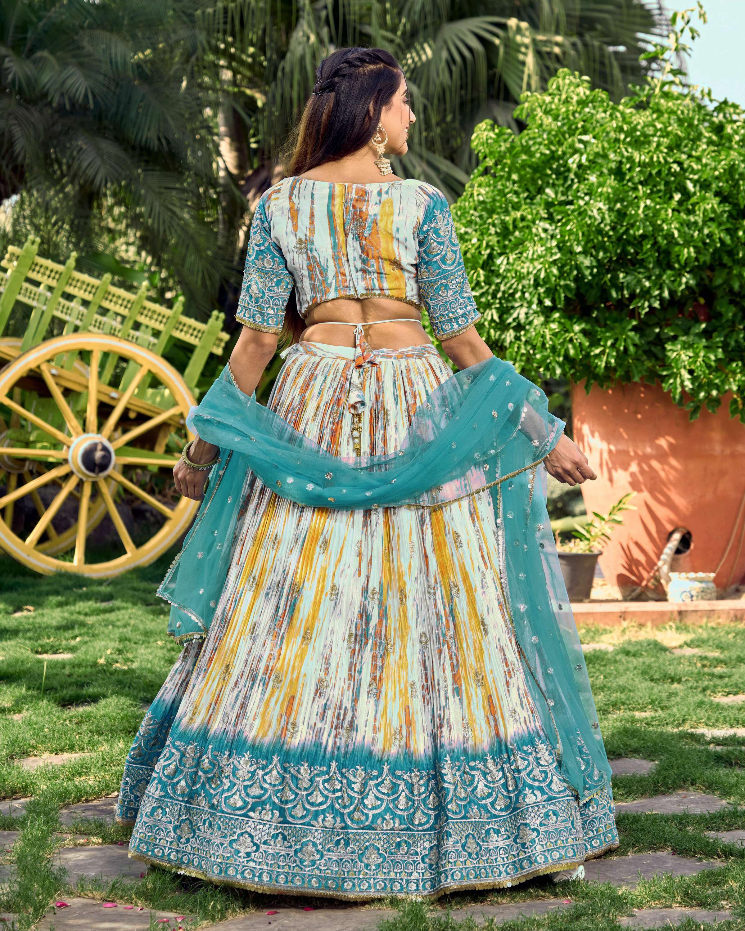 Rama Chinon Digital Print Lehenga Choli with Sequins Zari Embroidery