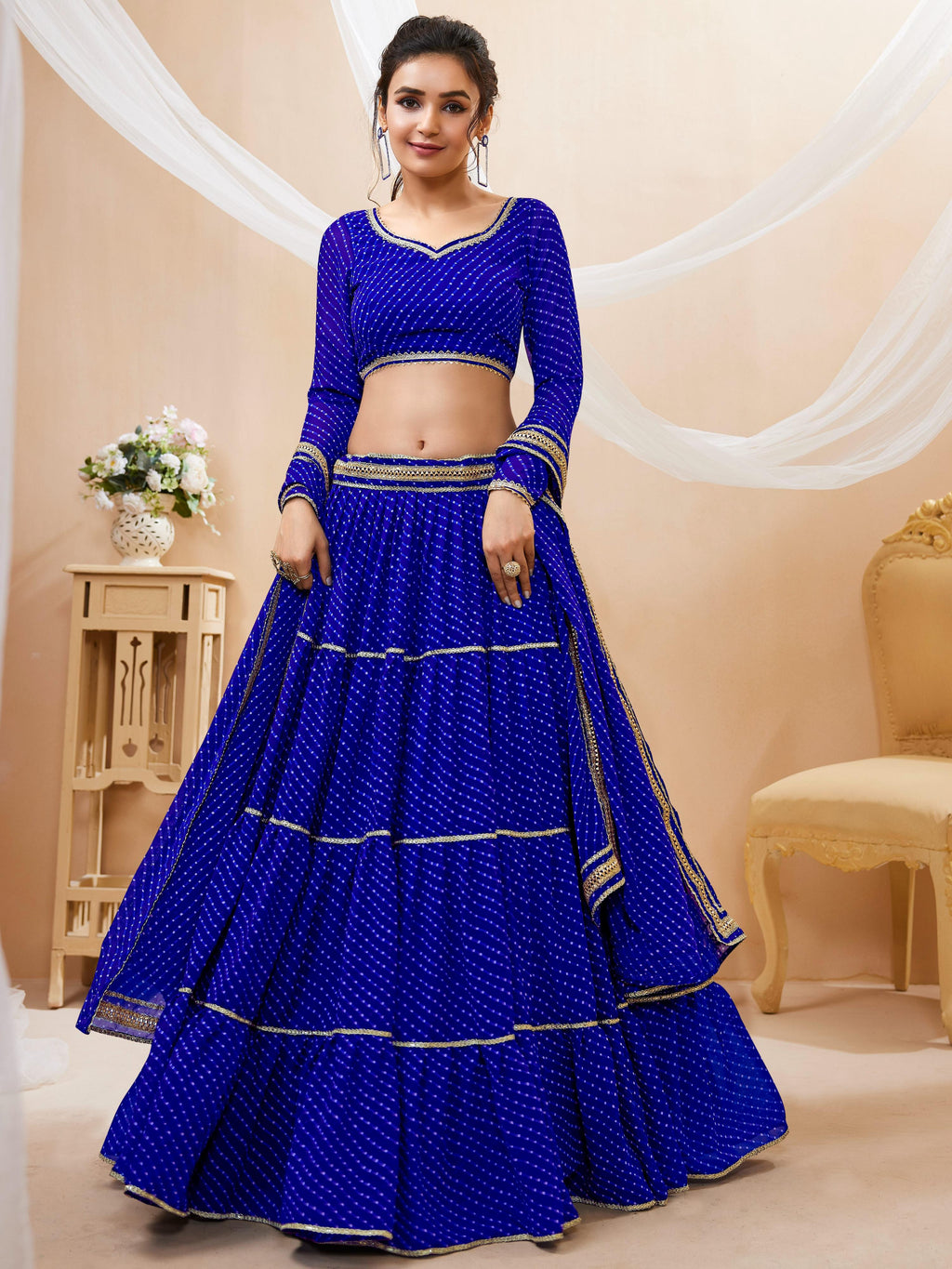 Blue Georgette Leheriya Printed Lehenga Choli with Lace Work