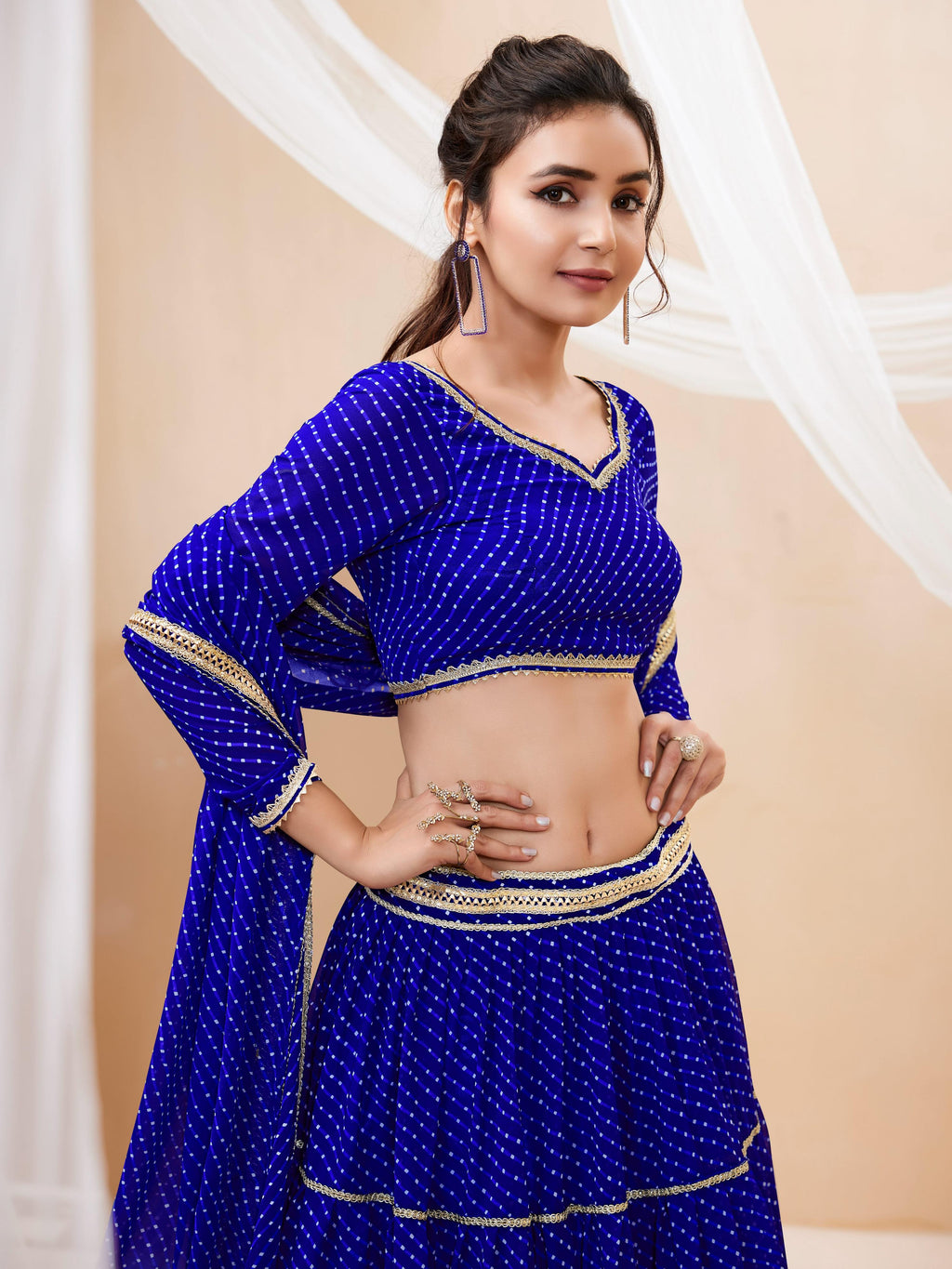 Blue Georgette Leheriya Printed Lehenga Choli with Lace Work