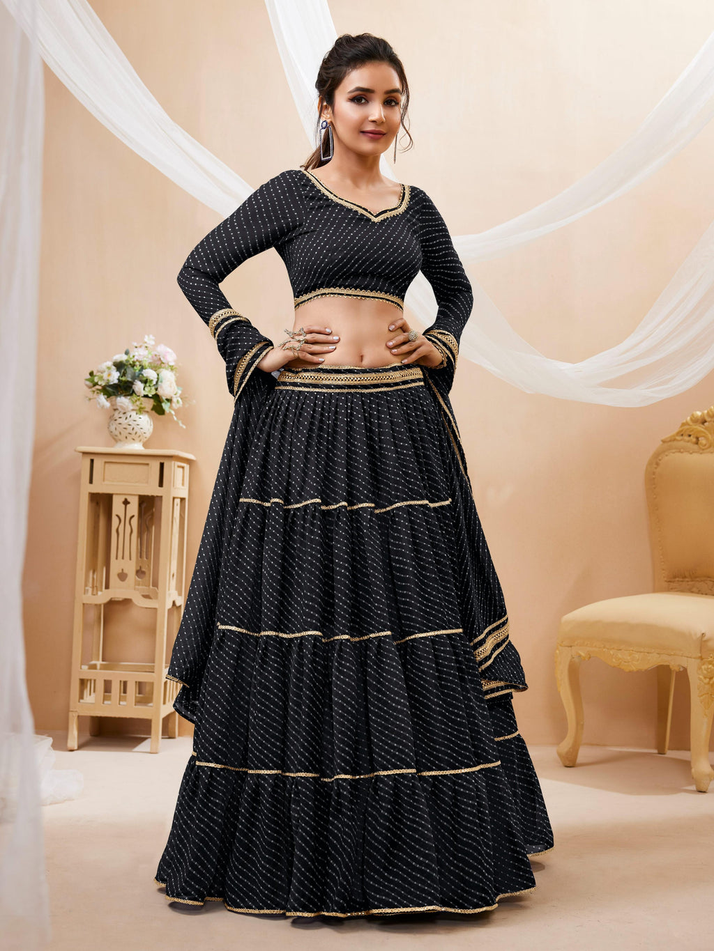 Black Georgette Leheriya Printed Lehenga Choli with Lace Work