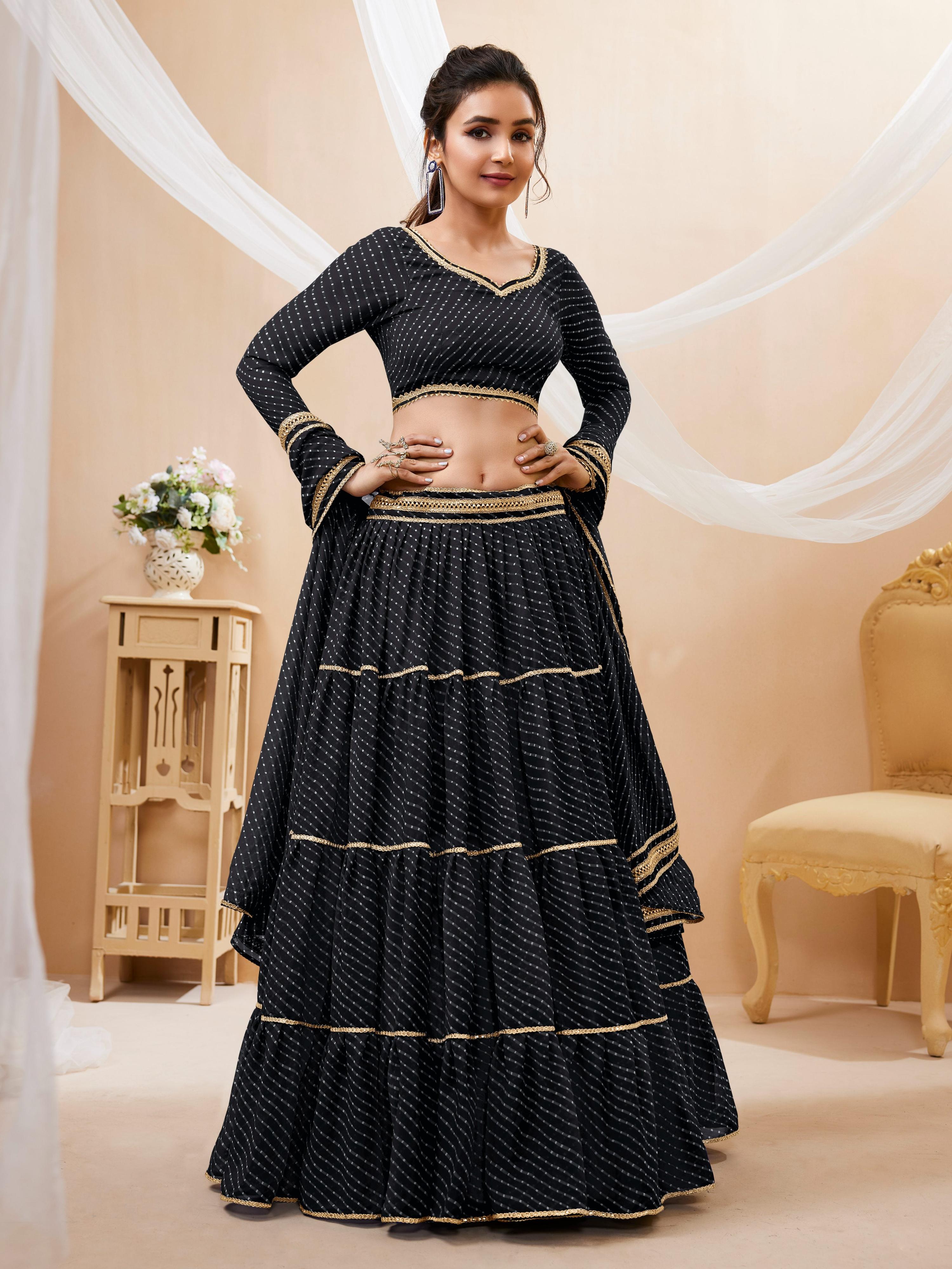 Black Georgette Leheriya Printed Lehenga Choli with Lace Work