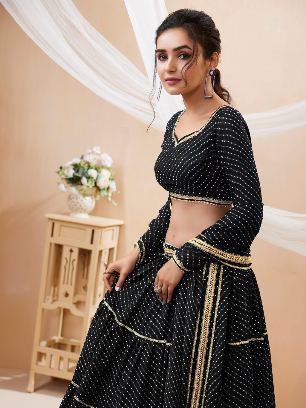 Black Georgette Leheriya Printed Lehenga Choli with Lace Work