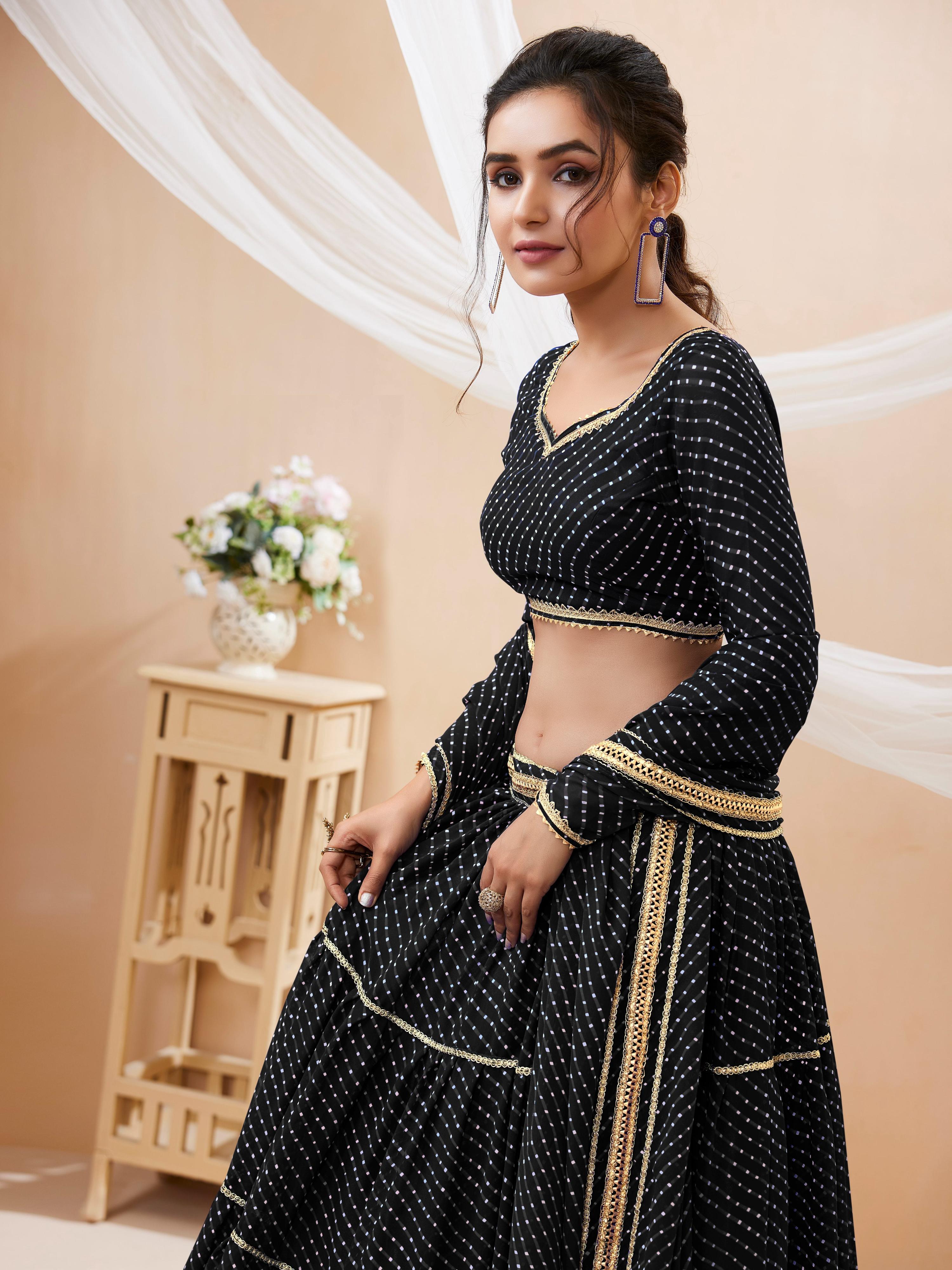 Black Georgette Leheriya Printed Lehenga Choli with Lace Work