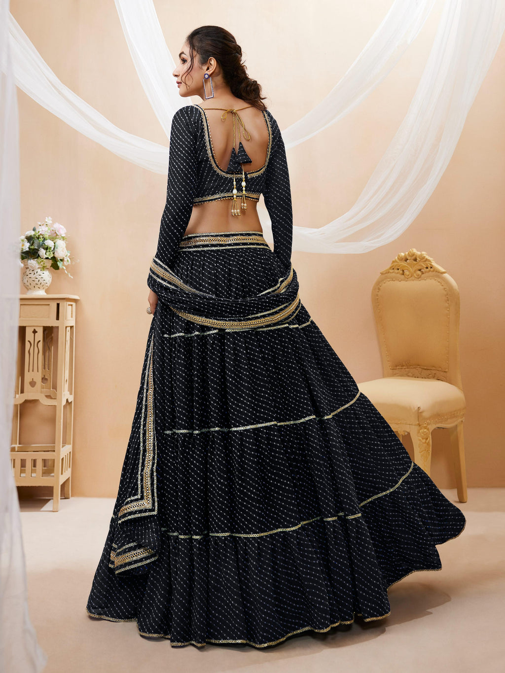 Black Georgette Leheriya Printed Lehenga Choli with Lace Work