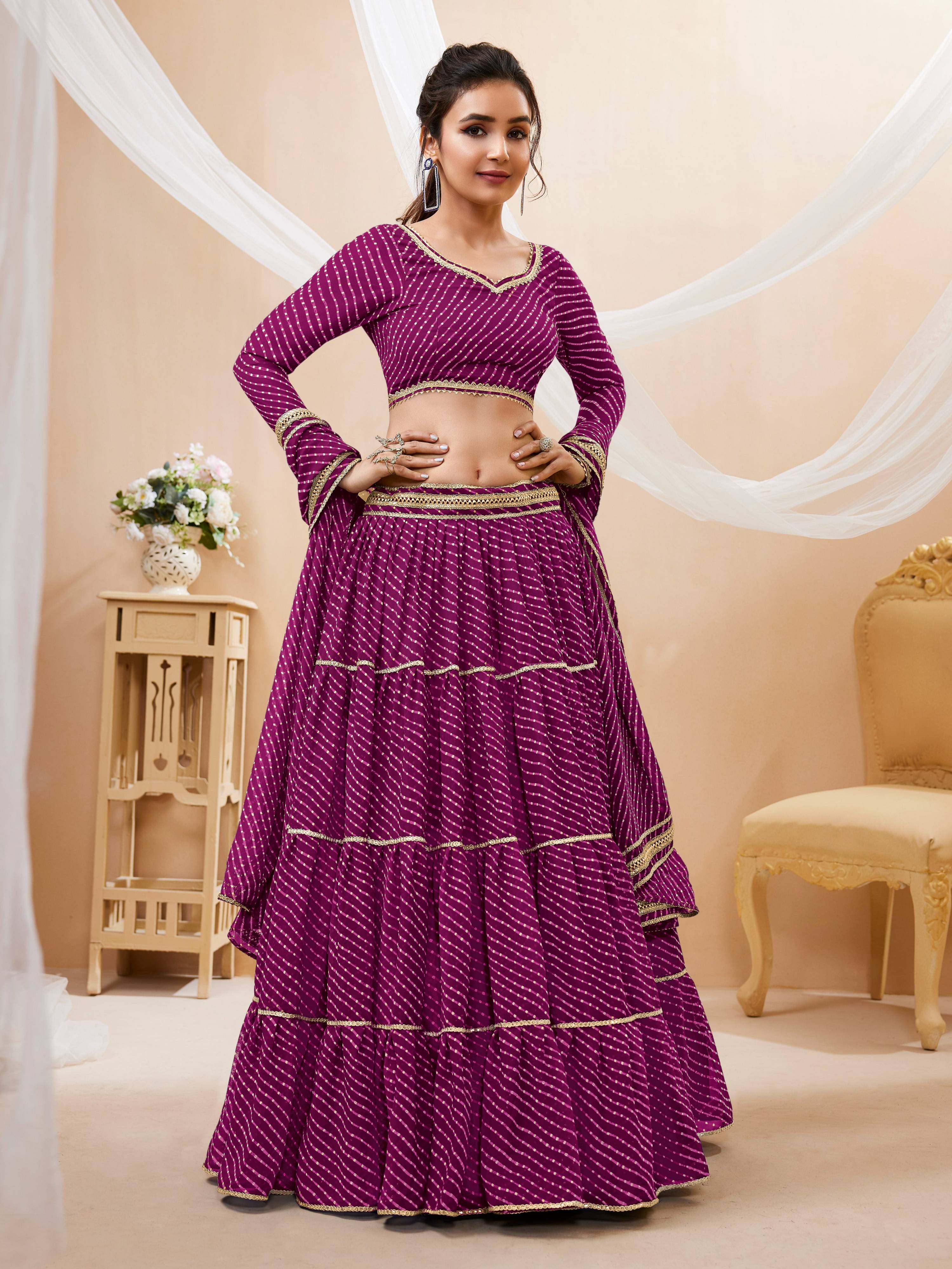 Purple Georgette Leheriya Printed Lehenga Choli with Lace