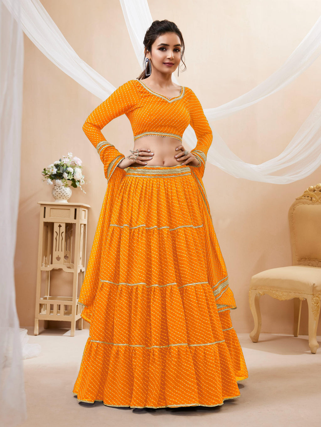 Yellow Georgette Leheriya Print Lehenga Choli with Lace Details