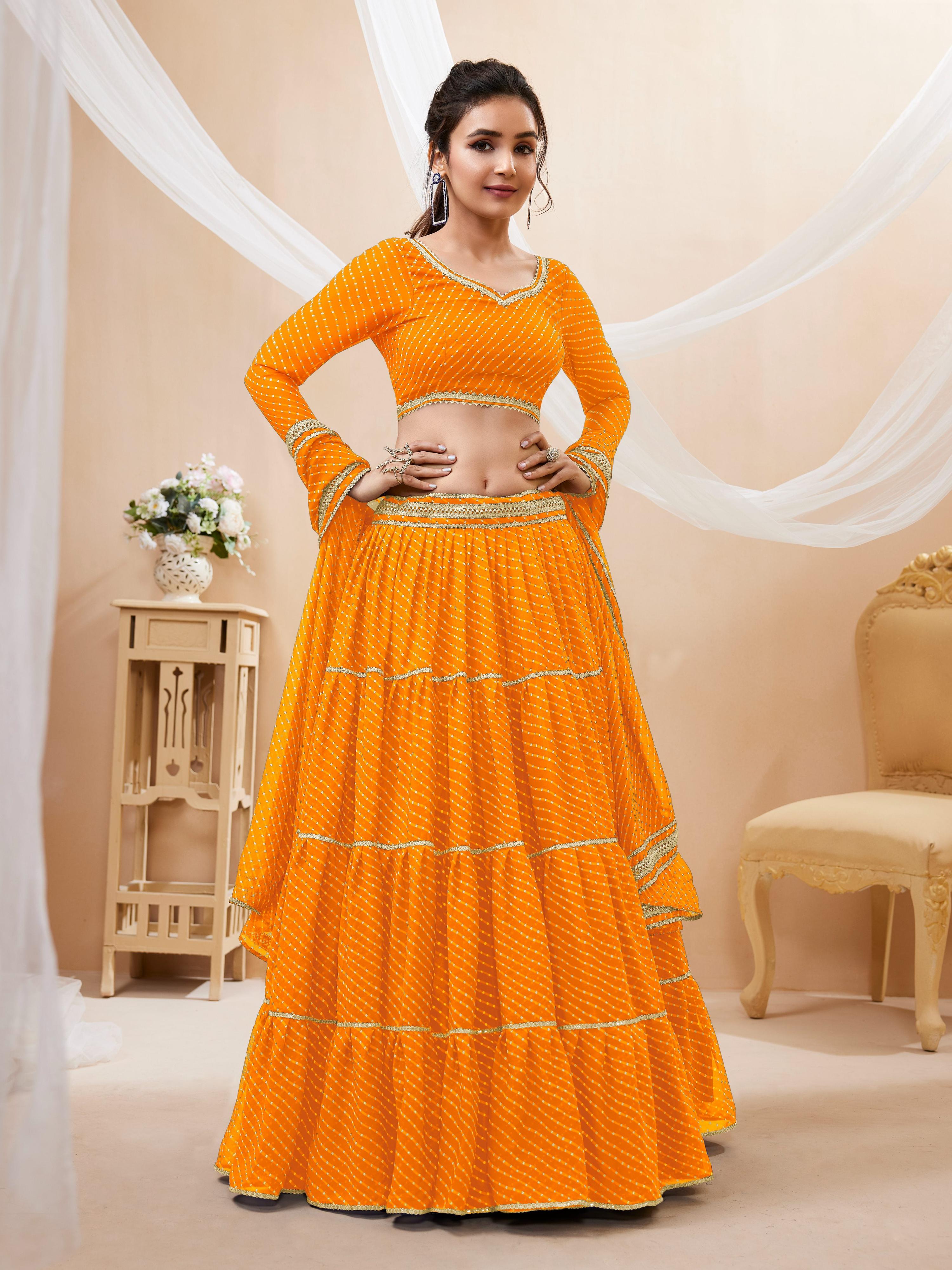 Yellow Georgette Leheriya Print Lehenga Choli with Lace Details