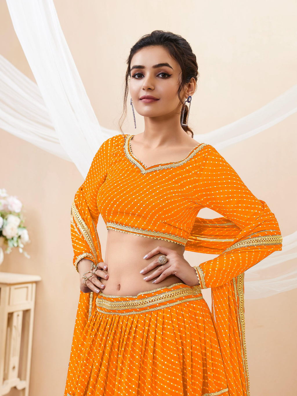 Yellow Georgette Leheriya Print Lehenga Choli with Lace Details