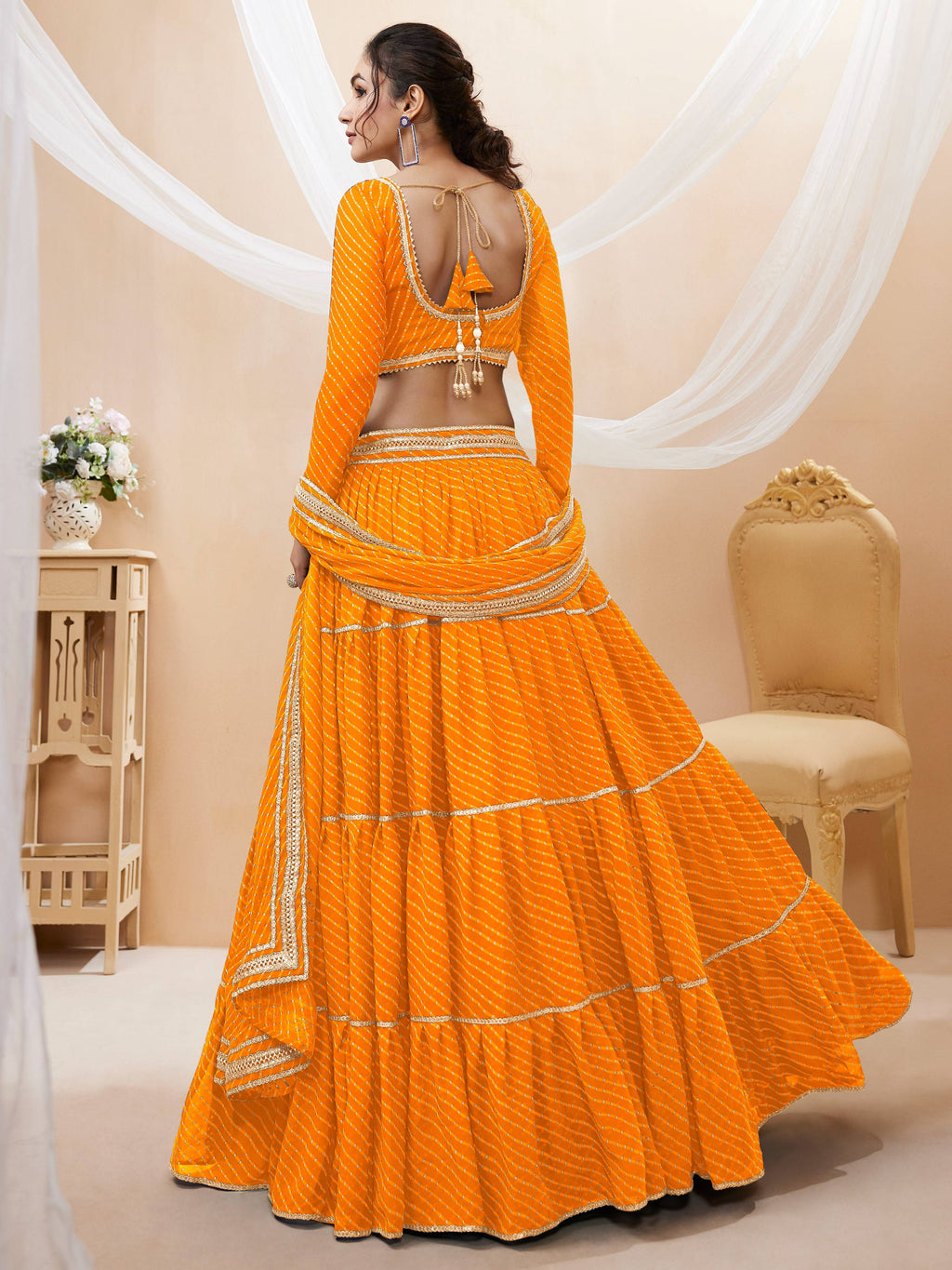 Yellow Georgette Leheriya Print Lehenga Choli with Lace Details