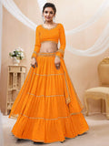 Yellow georgette leheriya printed lehenga choli with lace trim