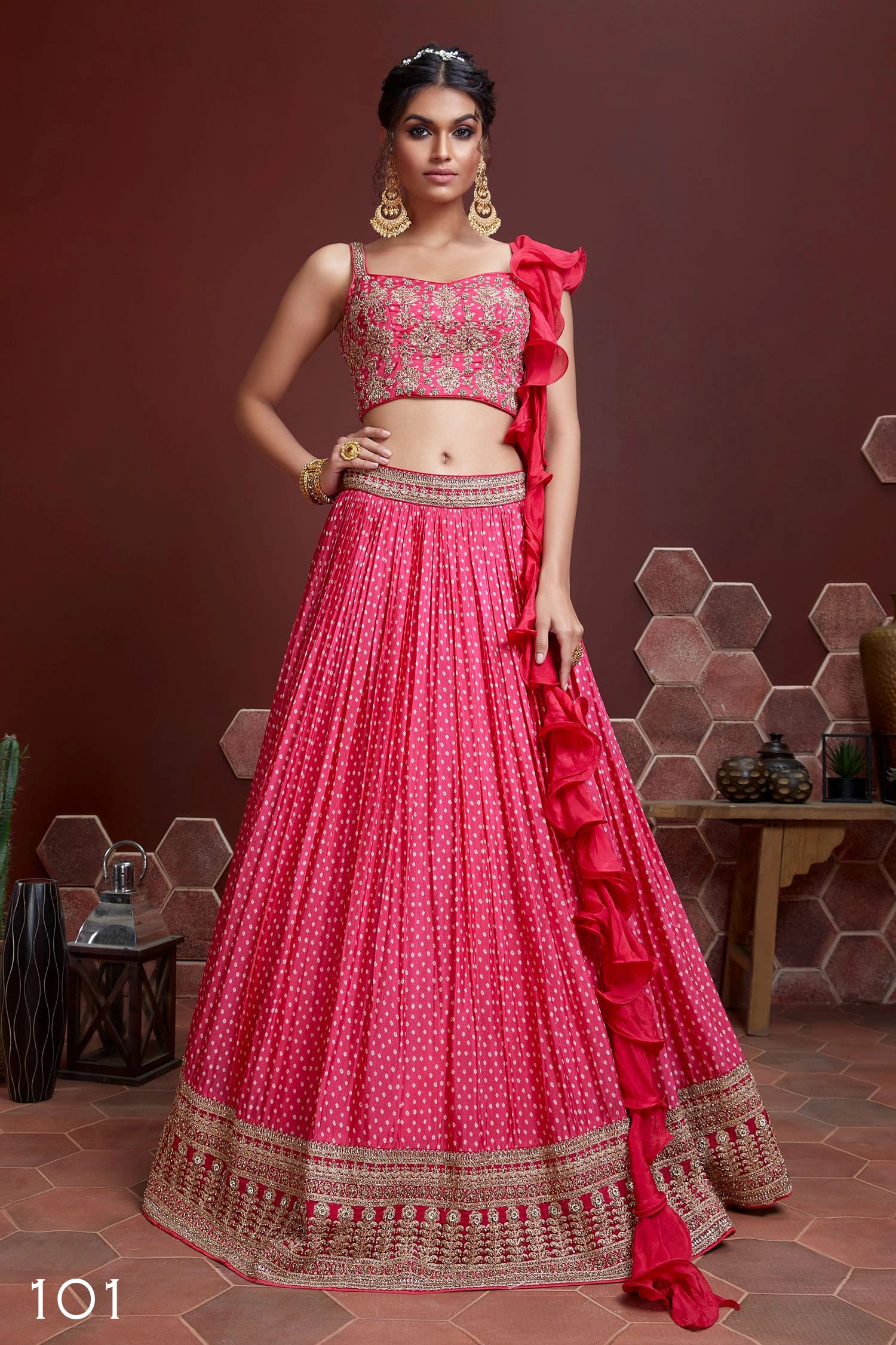 Pink Chinon Silk Lehenga Choli with digital print and heavy embroidery with Swarovski detail.
