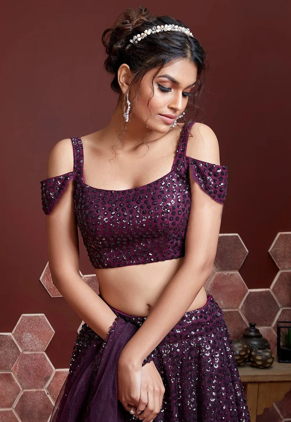 Women's Purple Heavy Soft Net Sequins Embroidered Lehenga Choli