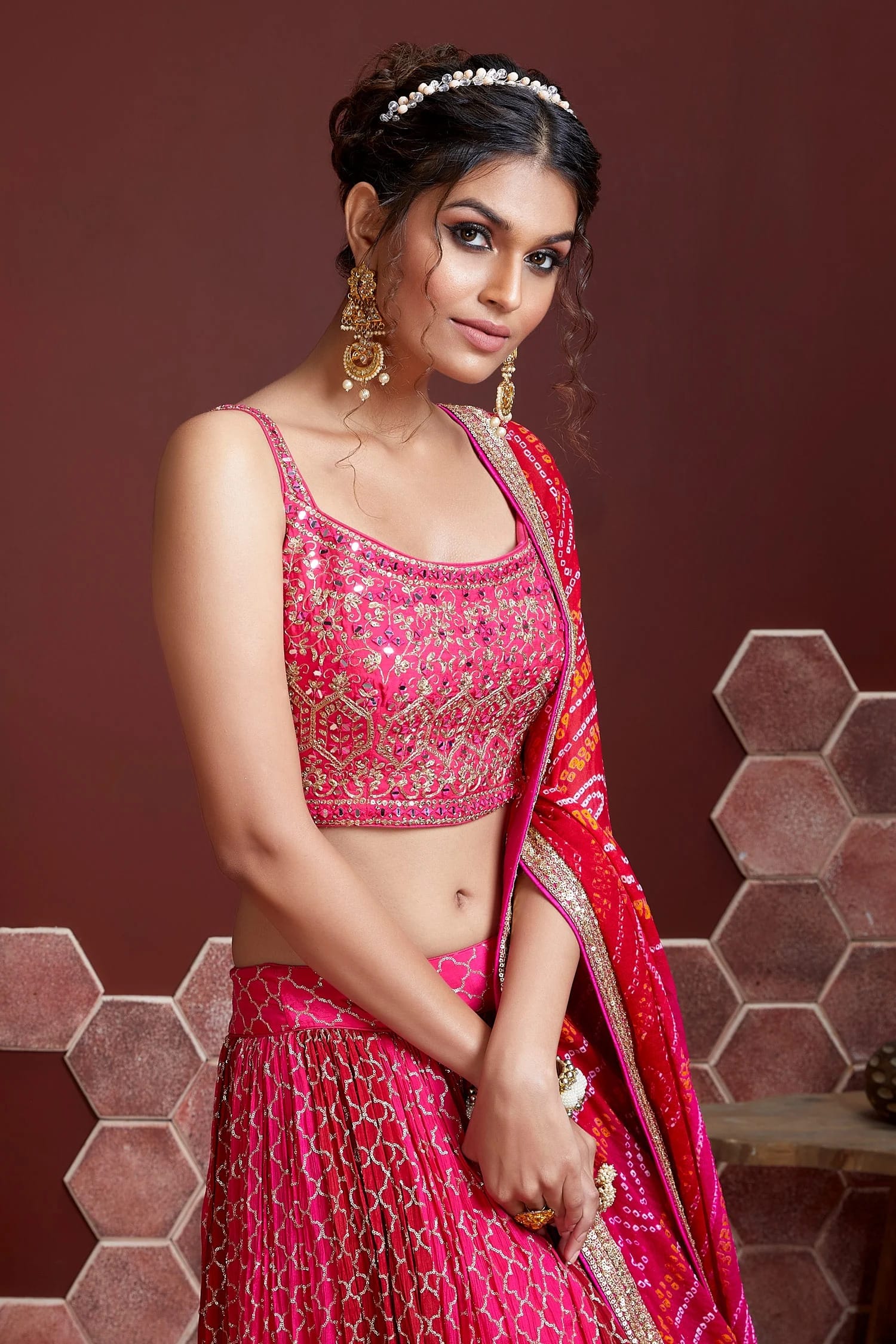 Pink Chinon Silk Lehenga Choli with Sequins and Real Mirror Work