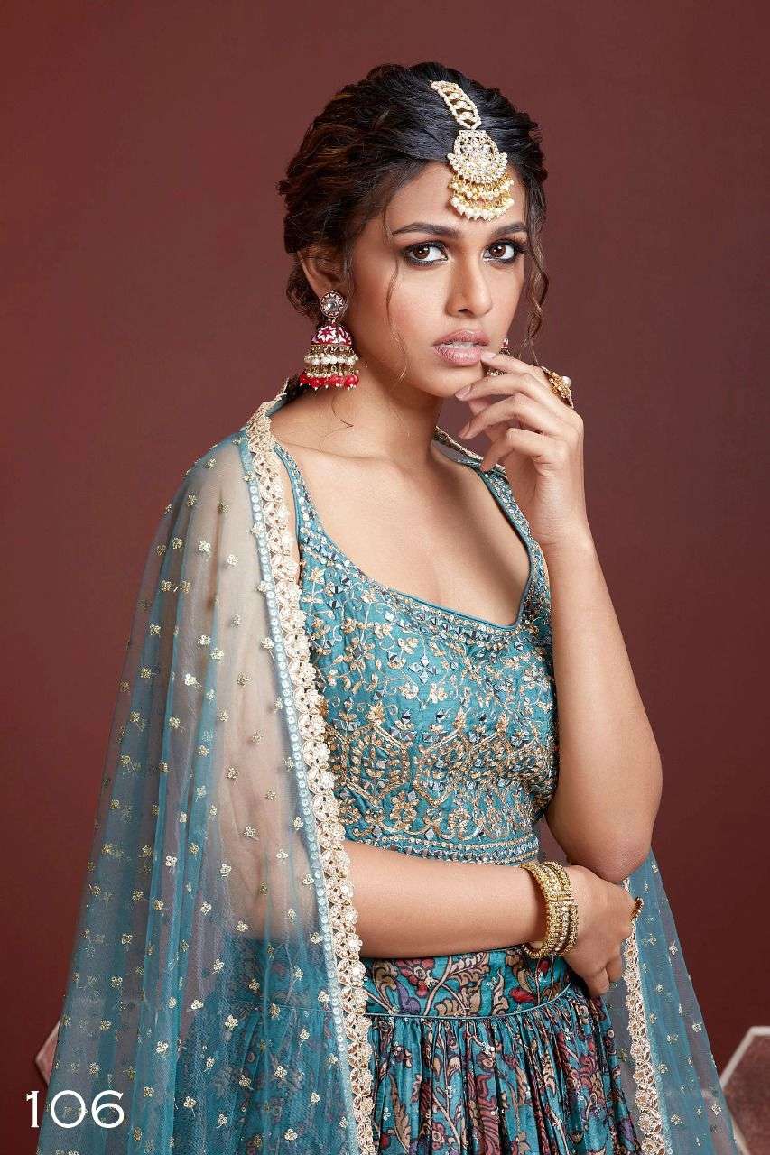 Teal Chinon Silk Digital Print Lehenga Choli with Mirror Work
