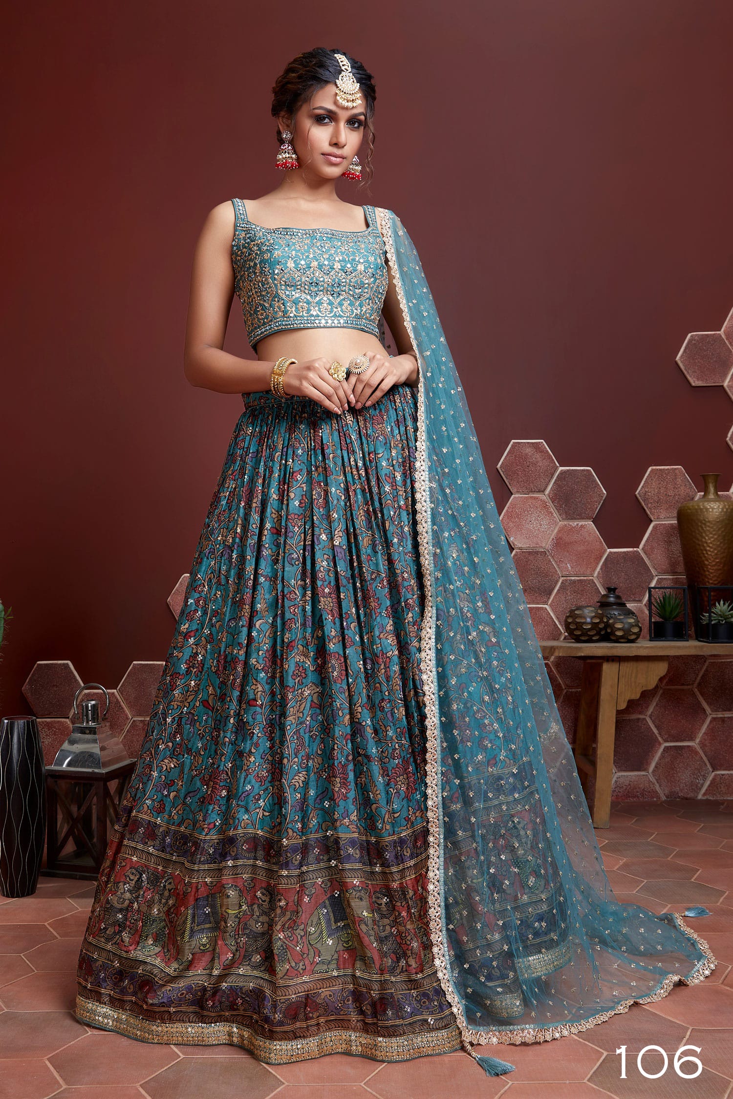 Teal Chinon Silk lehenga choli with digital print and embroidery
