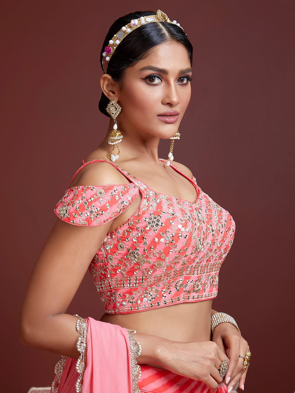Peach Organza Silk Lehenga Choli with Zari and Sequins Embroidery